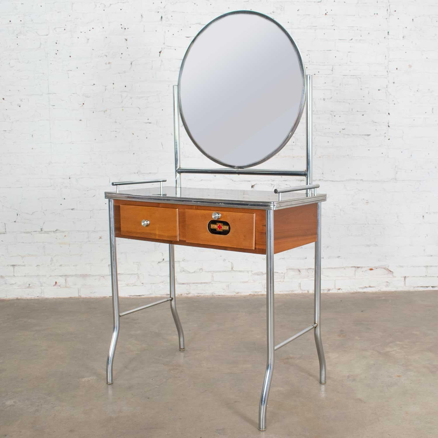 American Art Deco Streamline Modern Machine Age Chrome Maple and Black Make Up Vanity