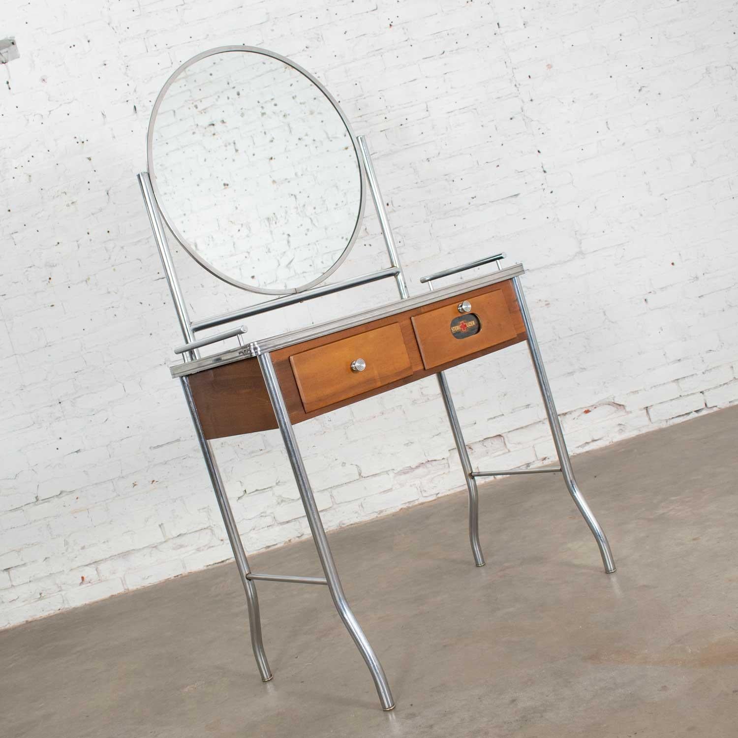 Art Deco Streamline Modern Machine Age Chrome Maple and Black Make Up Vanity 1