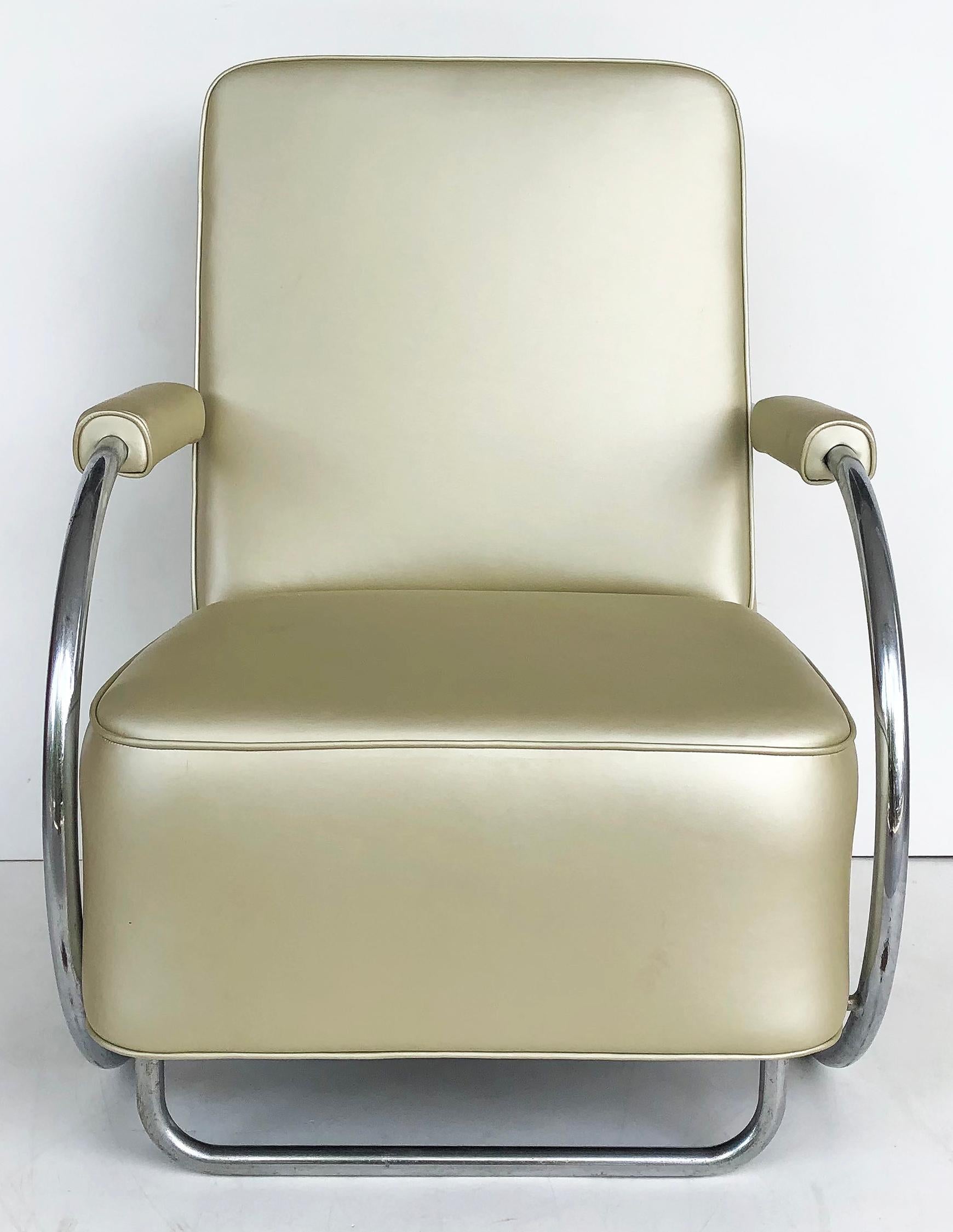 Art Deco Streamlined Moderne chairs by Kem Weber, Attributed 

Offered for sale is a pair of Kem Weber attributed Art Deco Streamline Moderne chairs. The pair are reclining tubular chrome chairs and appear to possibly retain the original period