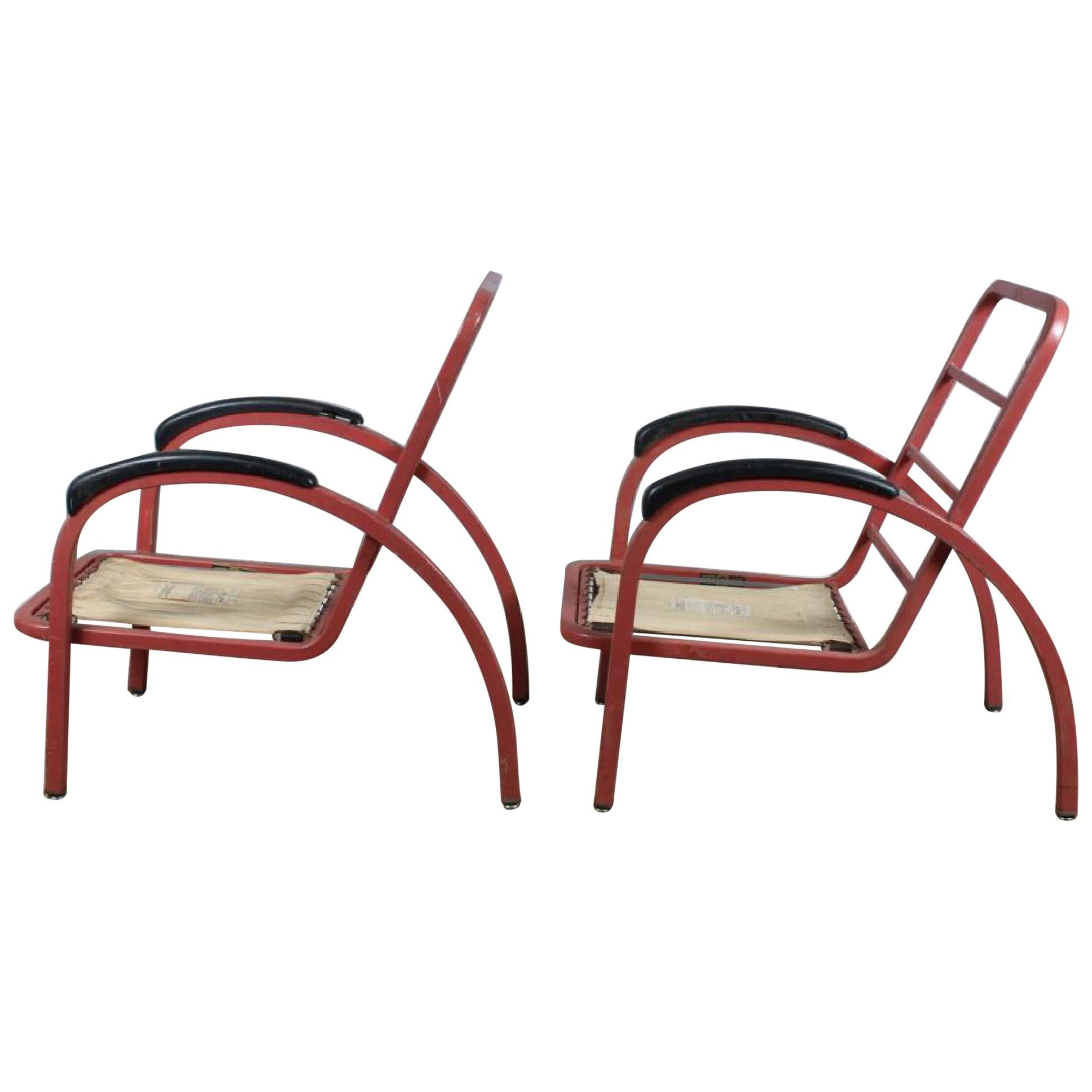 Art Deco Streamline Moderne Metal Lounge Chairs Norman Bel Geddes Simmons Red