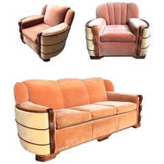 Art Deco Streamline Mohair Sofa und Club Stühle Suite