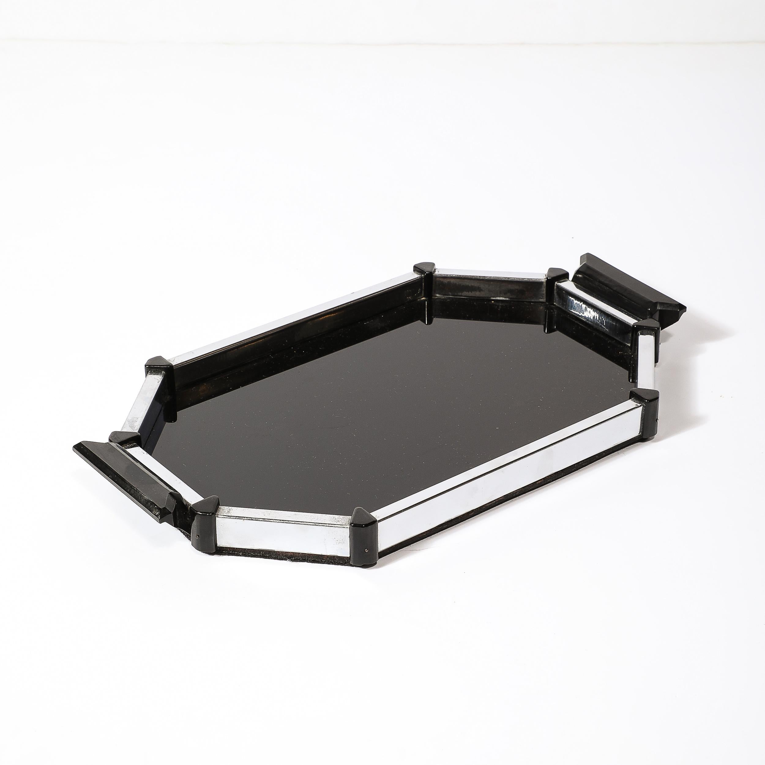 American Art Deco Streamline Octagonal Chrome and Bakelite Serving Tray For Sale