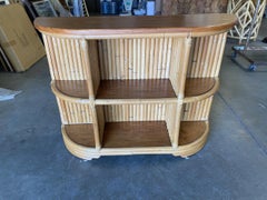 Art Deco Streamline Rattan Shelf/Console Table w/ Mahogany Top