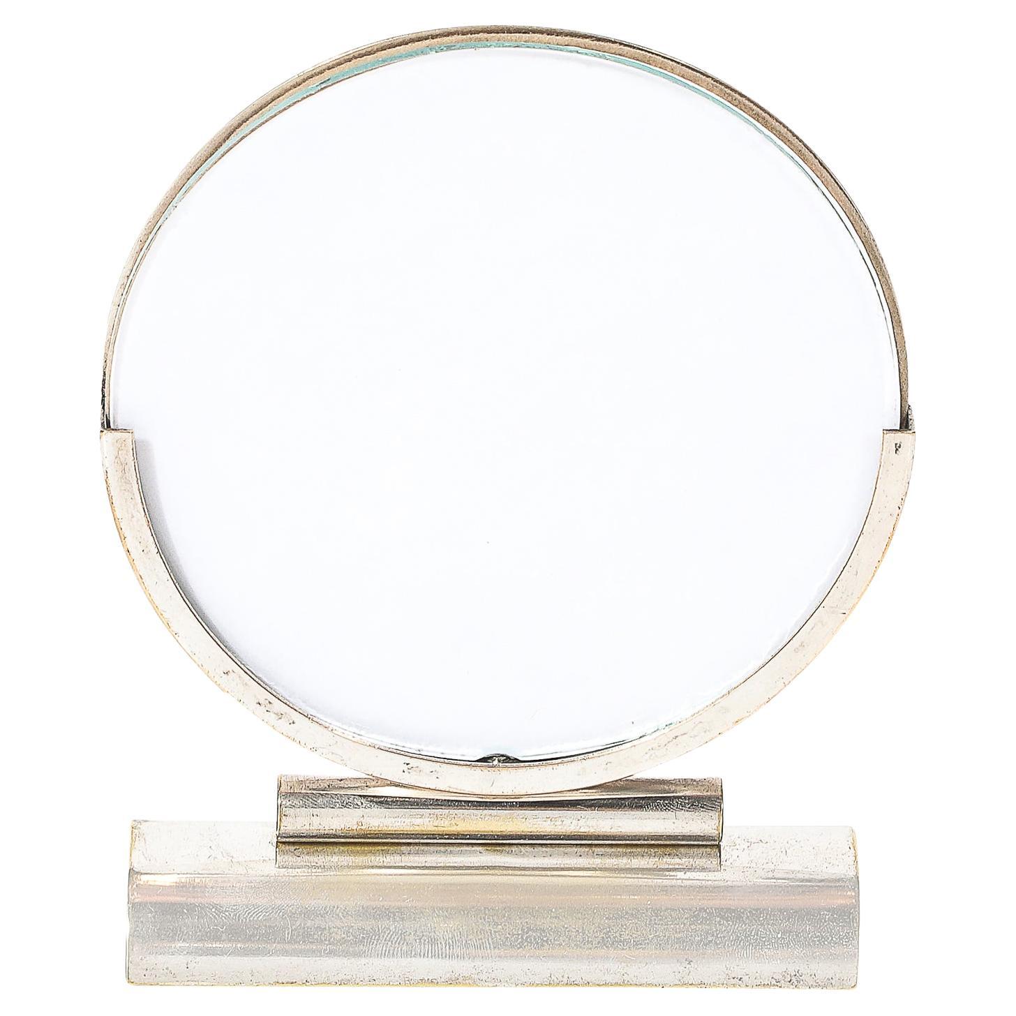 Art Deco Streamline Round Picture Frame in Nickel & Glass