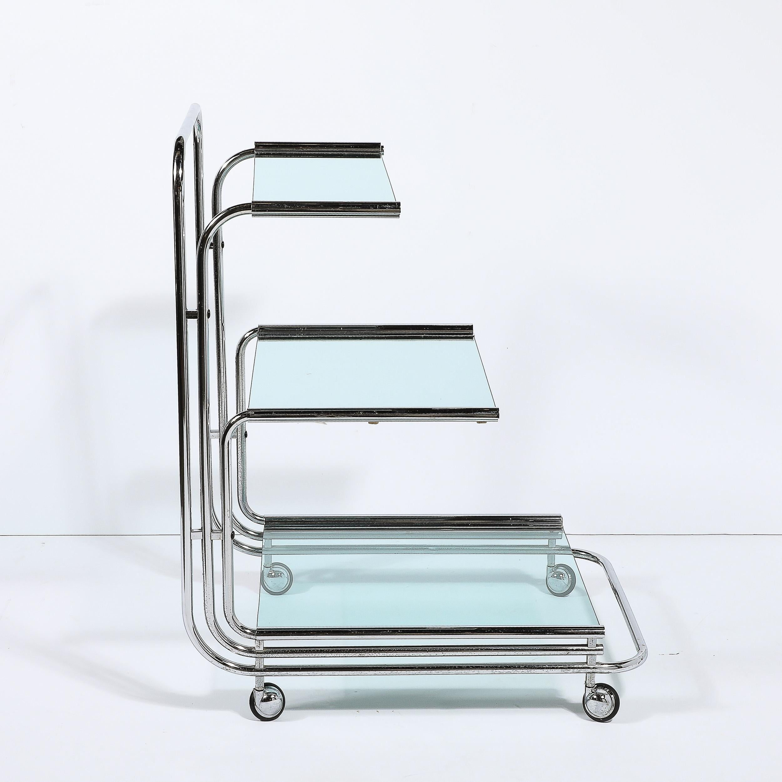 Art Deco Streamline Three Tier Chrome & Glass Bar  Cart W/ Removable Trays For Sale 6