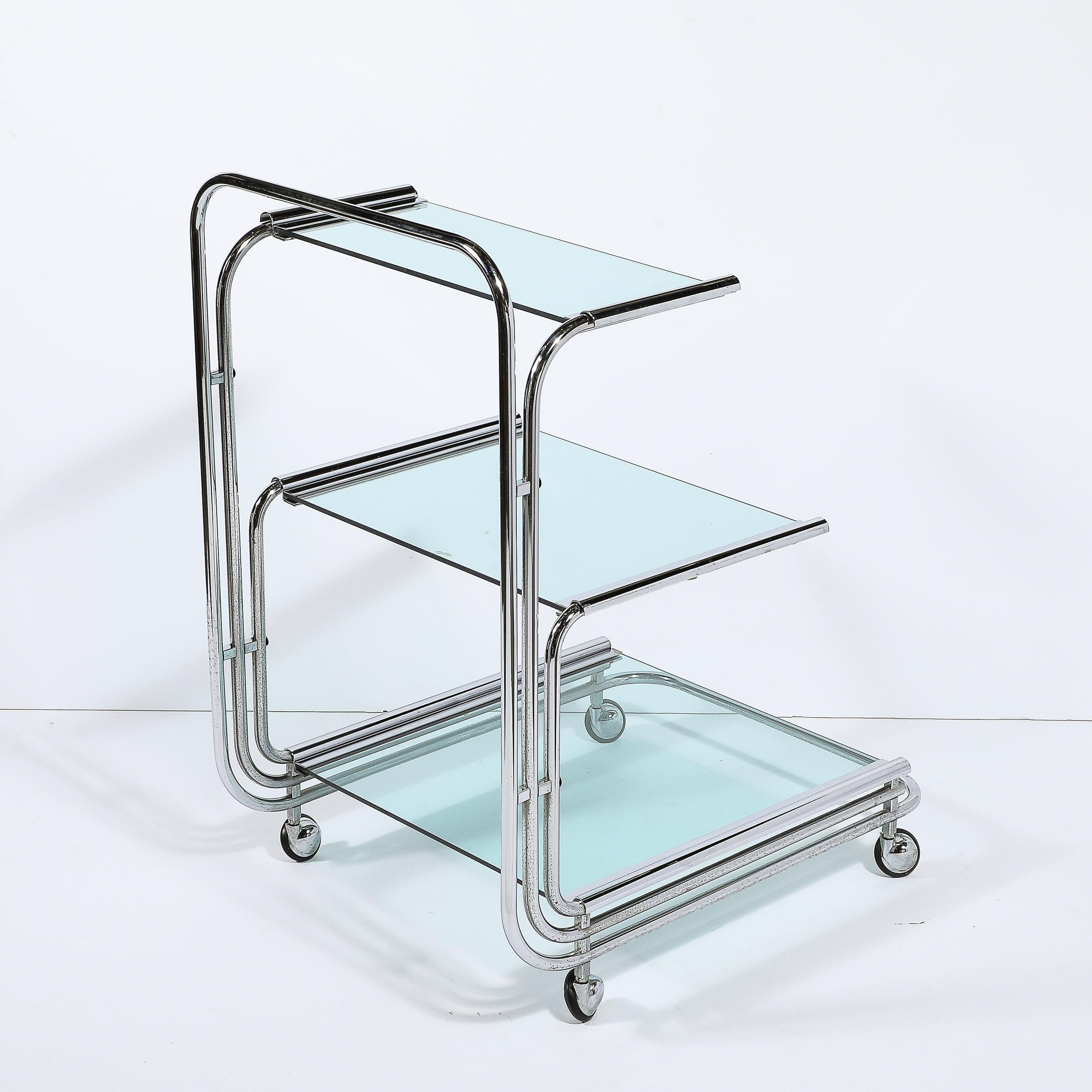Art Deco Streamline Three Tier Chrome & Glass Bar  Cart W/ Removable Trays For Sale 8