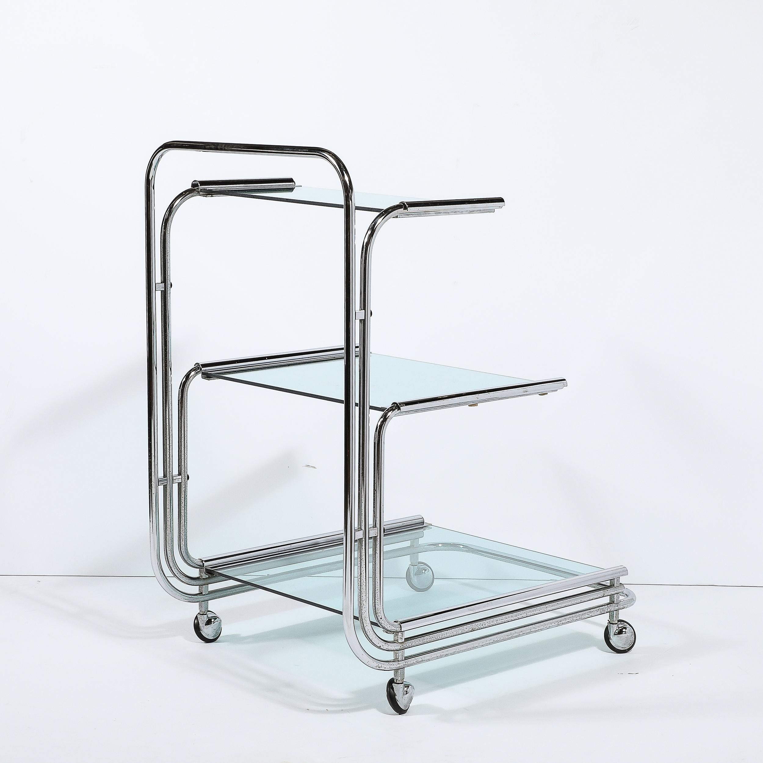 Art Deco Streamline Three Tier Chrome & Glass Bar  Cart W/ Removable Trays For Sale 9