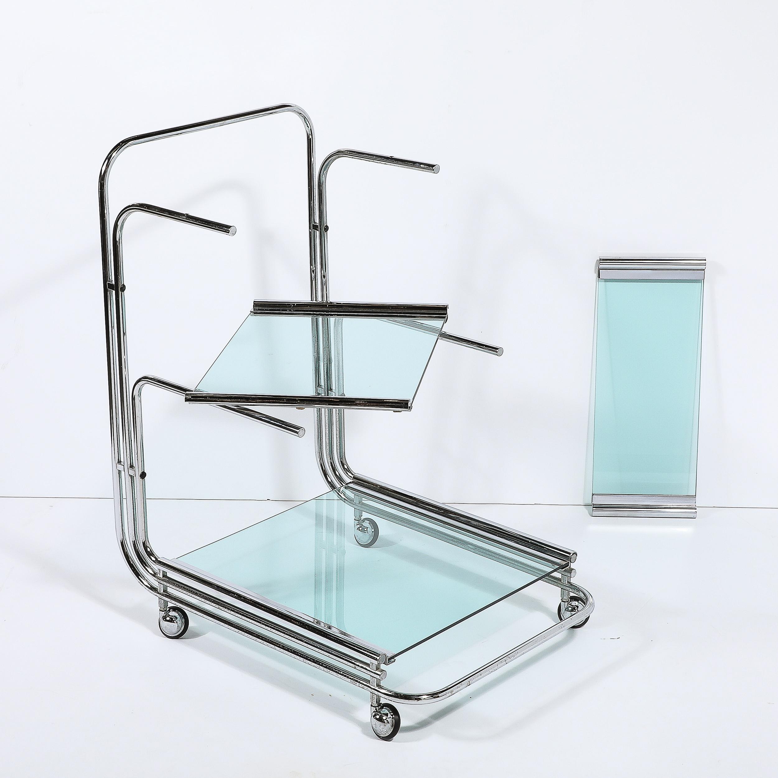 Art Deco Streamline Three Tier Chrome & Glass Bar  Cart W/ Removable Trays For Sale 10