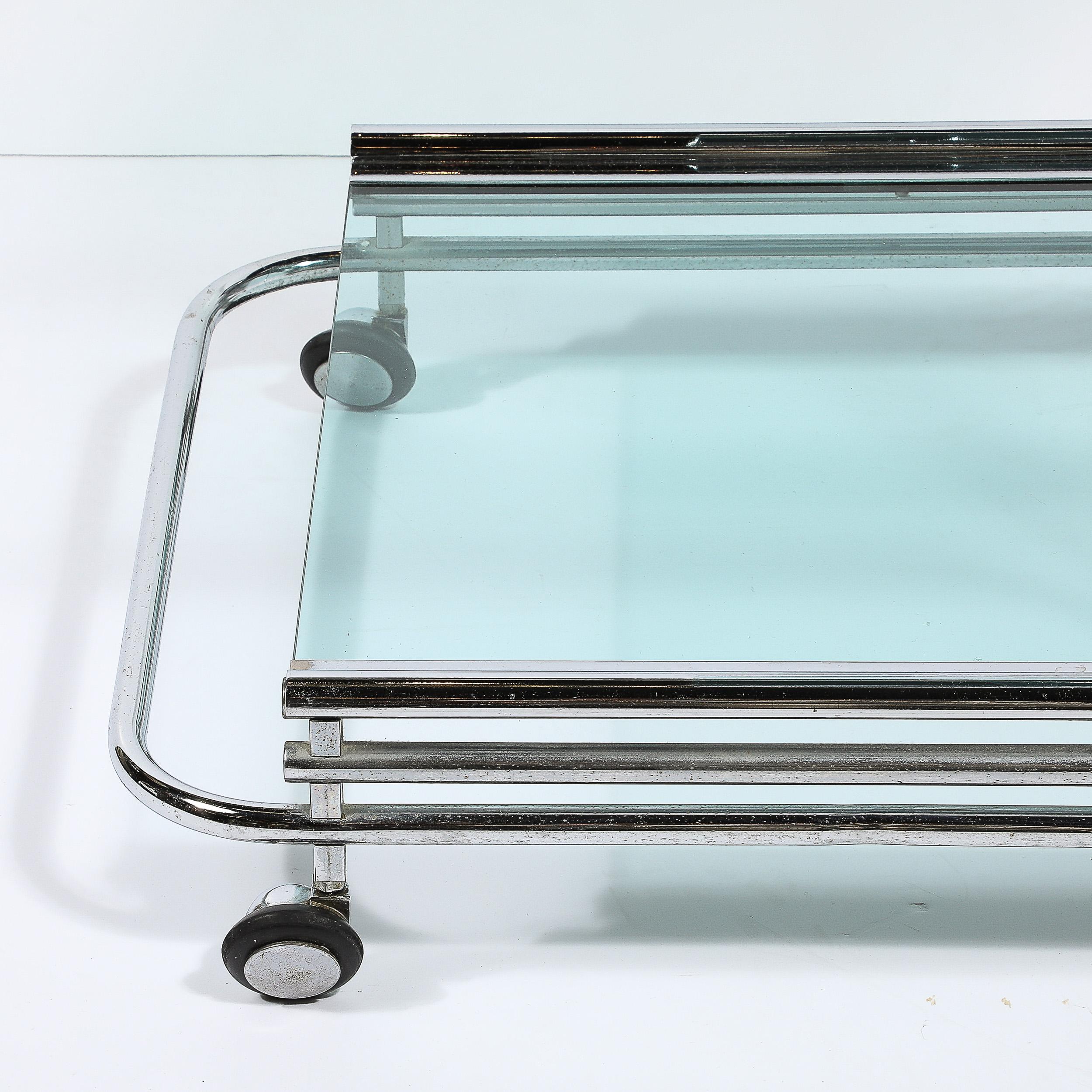 American Art Deco Streamline Three Tier Chrome & Glass Bar  Cart W/ Removable Trays For Sale