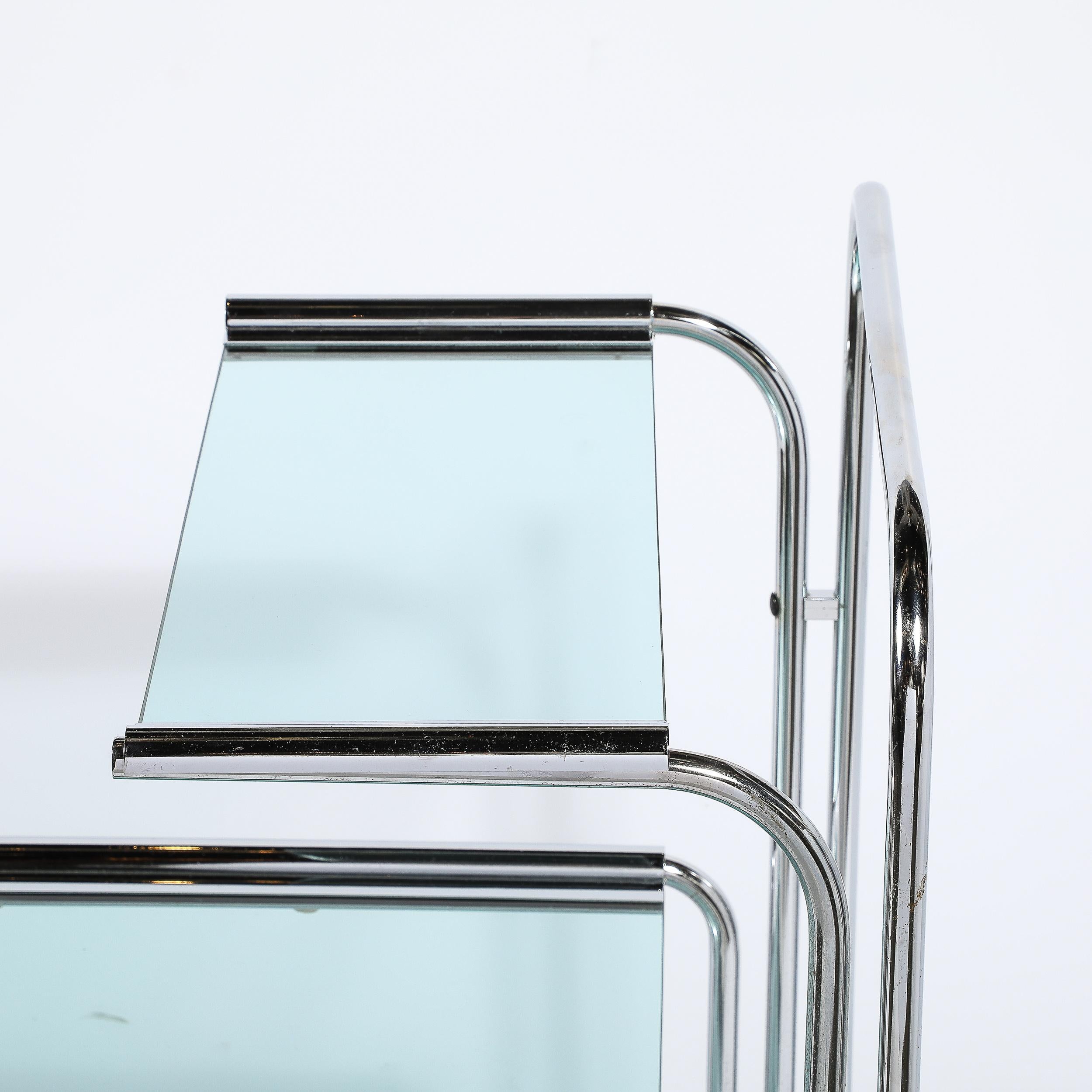 Art Deco Streamline Three Tier Chrome & Glass Bar  Cart W/ Removable Trays In Excellent Condition For Sale In New York, NY