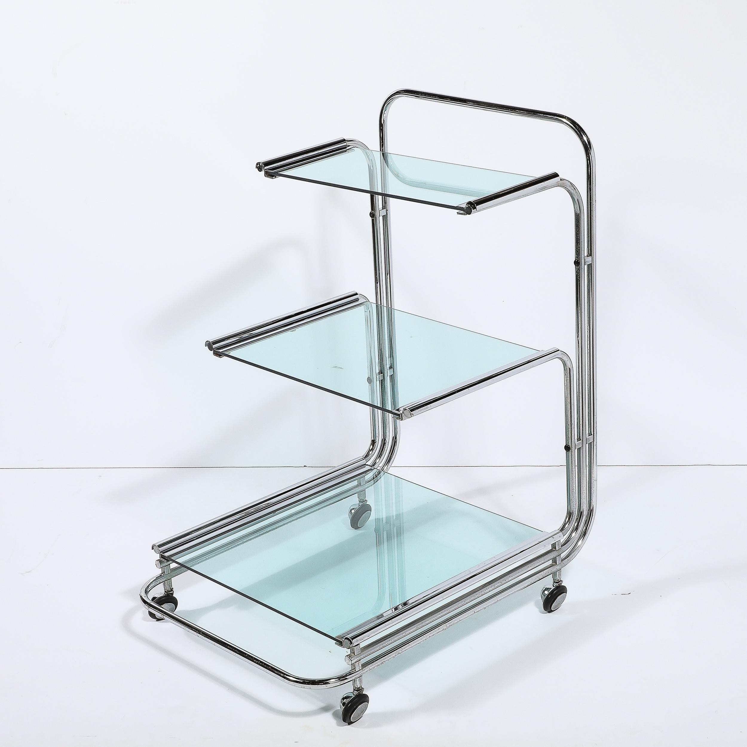 Mid-20th Century Art Deco Streamline Three Tier Chrome & Glass Bar  Cart W/ Removable Trays For Sale