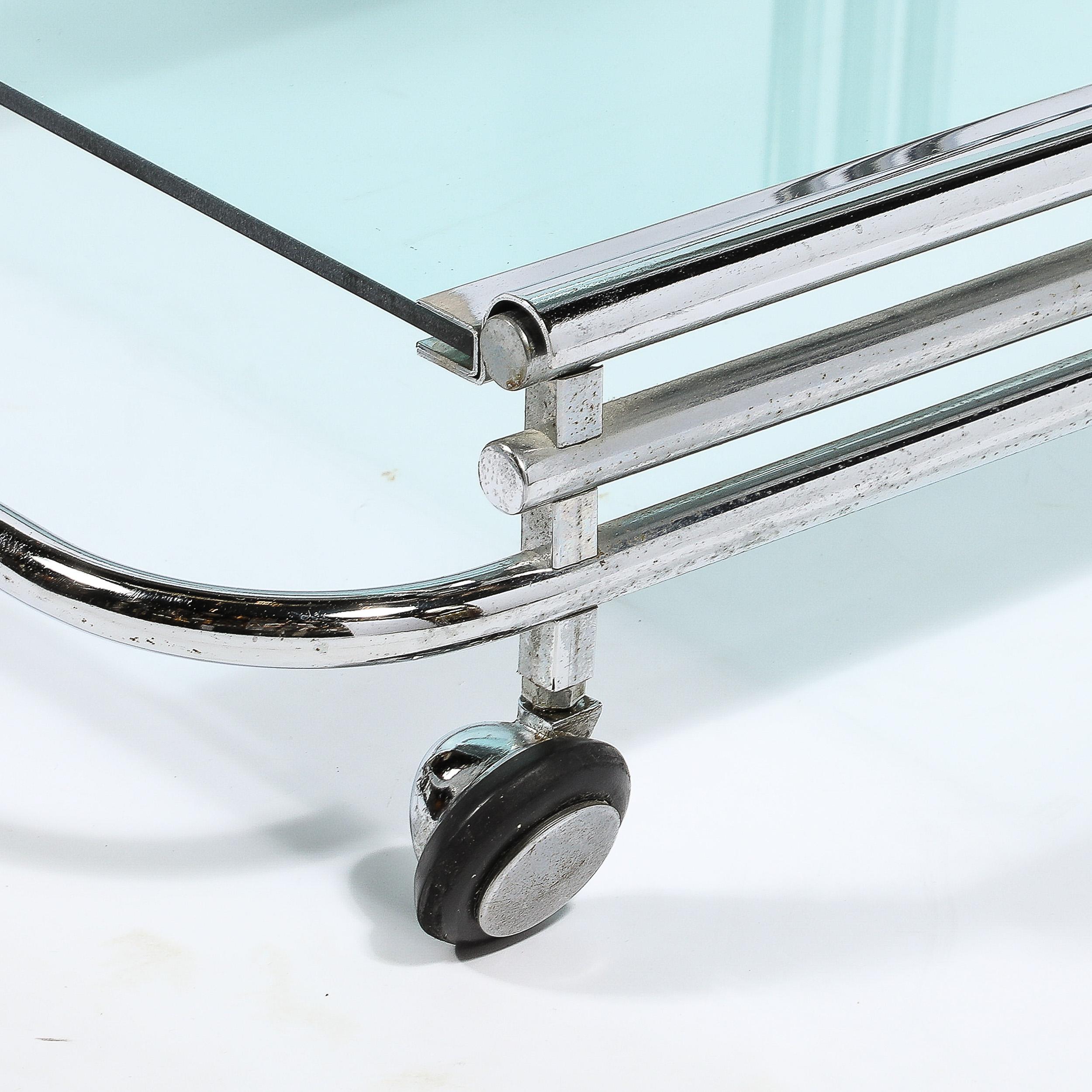 Art Deco Streamline Three Tier Chrome & Glass Bar  Cart W/ Removable Trays For Sale 1