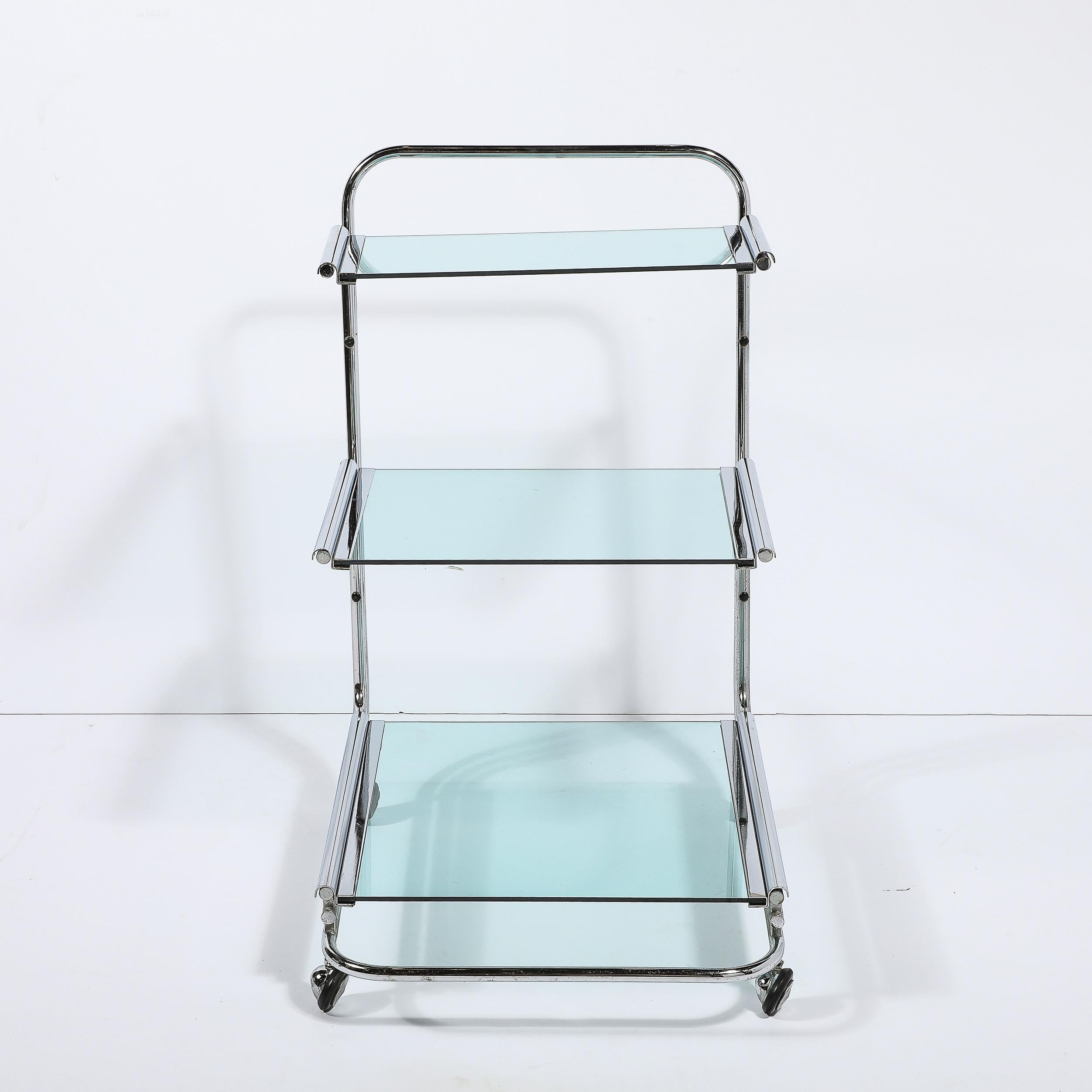 Art Deco Streamline Three Tier Chrome & Glass Bar  Cart W/ Removable Trays For Sale 3