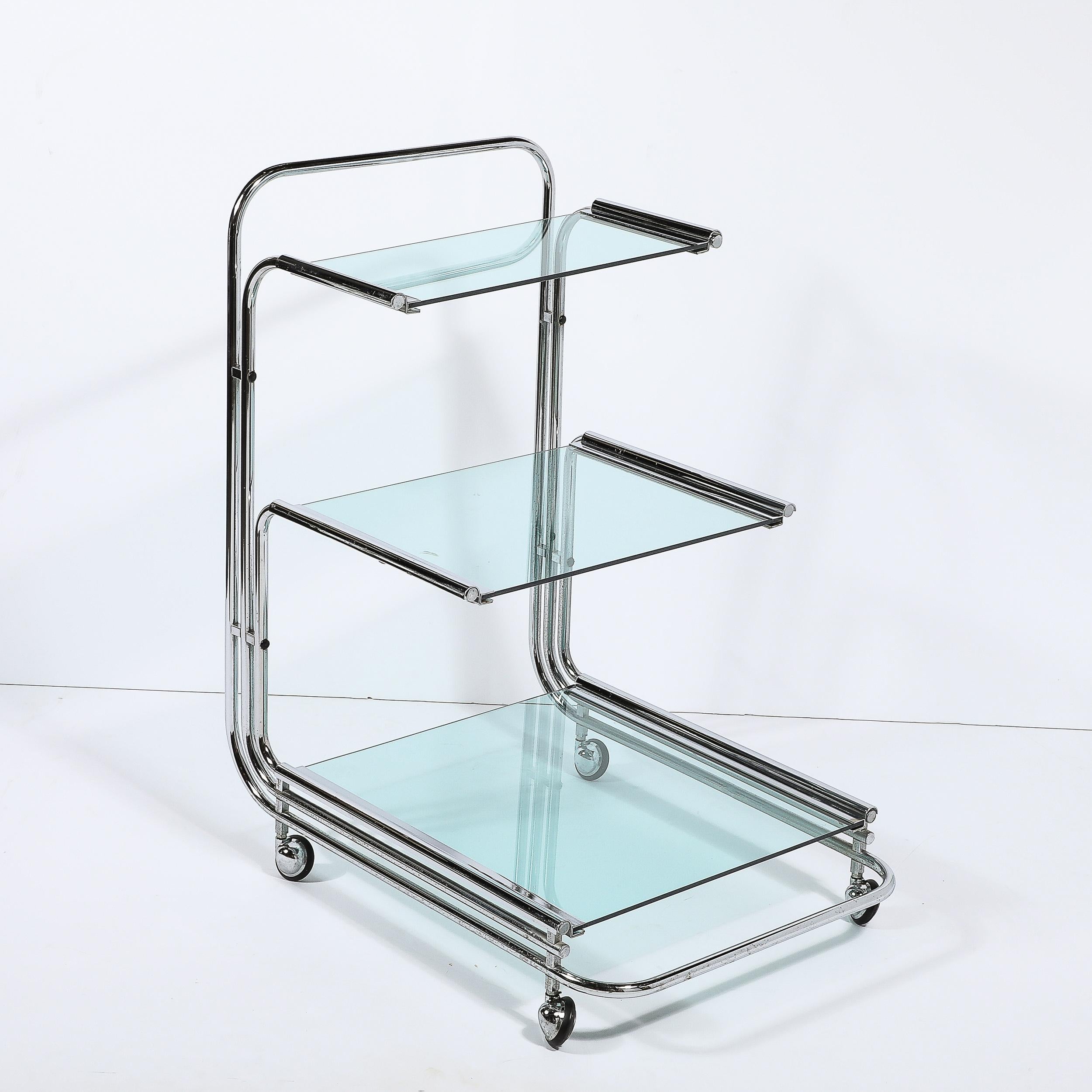 Art Deco Streamline Three Tier Chrome & Glass Bar  Cart W/ Removable Trays For Sale 4