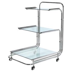 Art Deco Streamline Three Tier Chrome & Glass Bar  Cart W/ Removable Trays