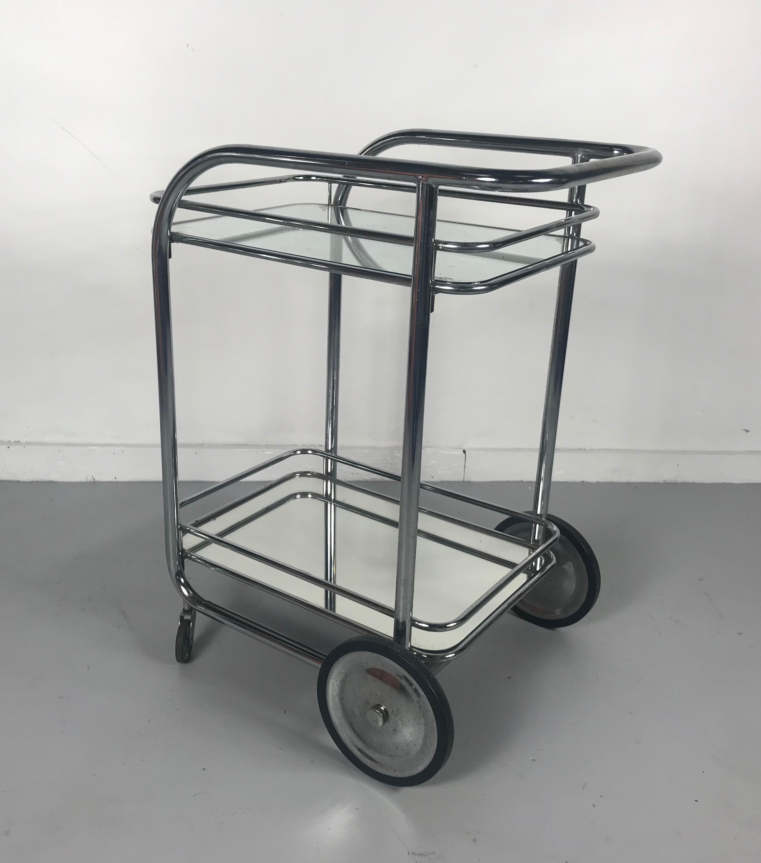 Art Deco Streamline Tubular Chrome and Glass Rolling Bar Cart or Trolley 4