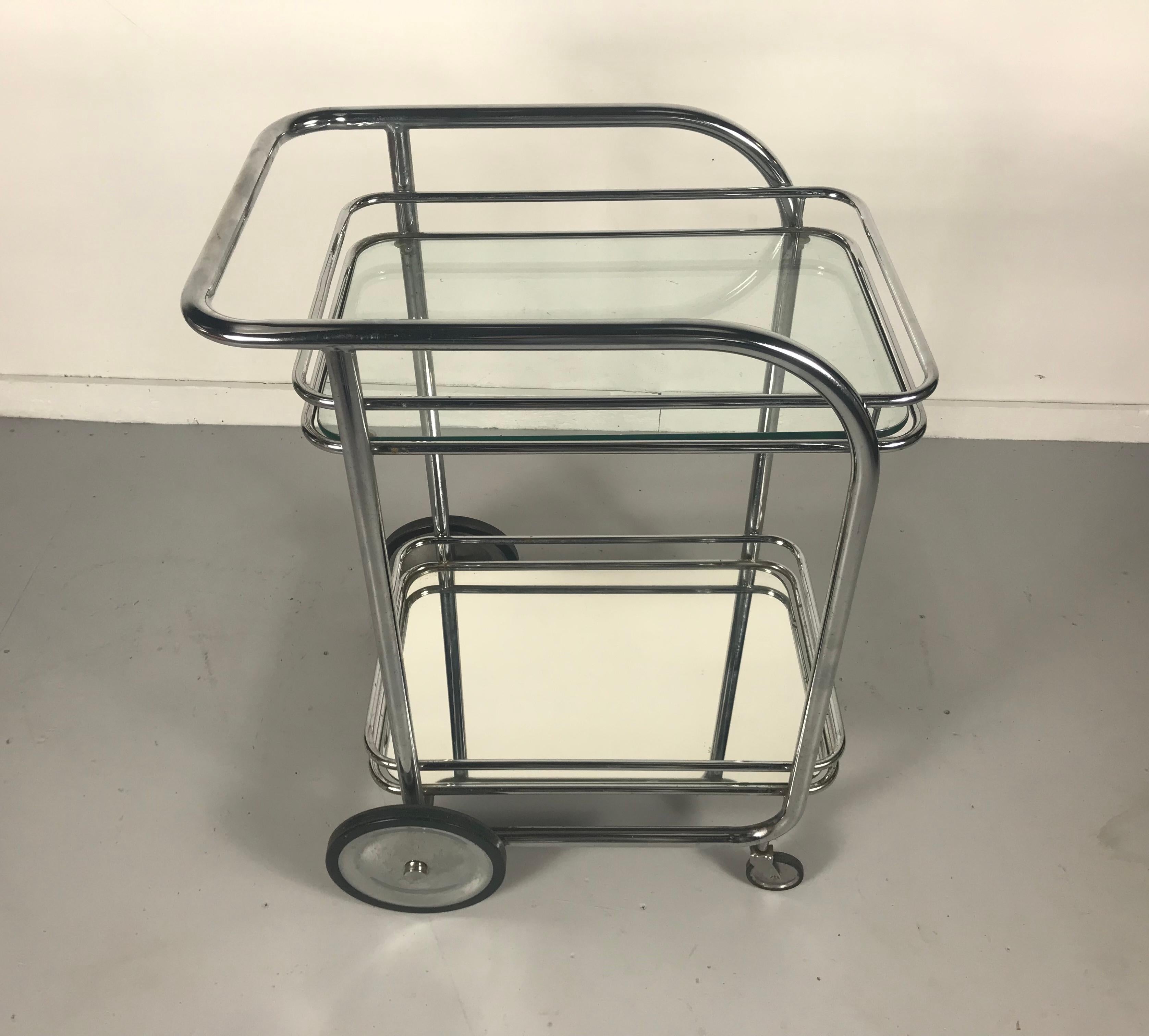 American Art Deco Streamline Tubular Chrome and Glass Rolling Bar Cart or Trolley