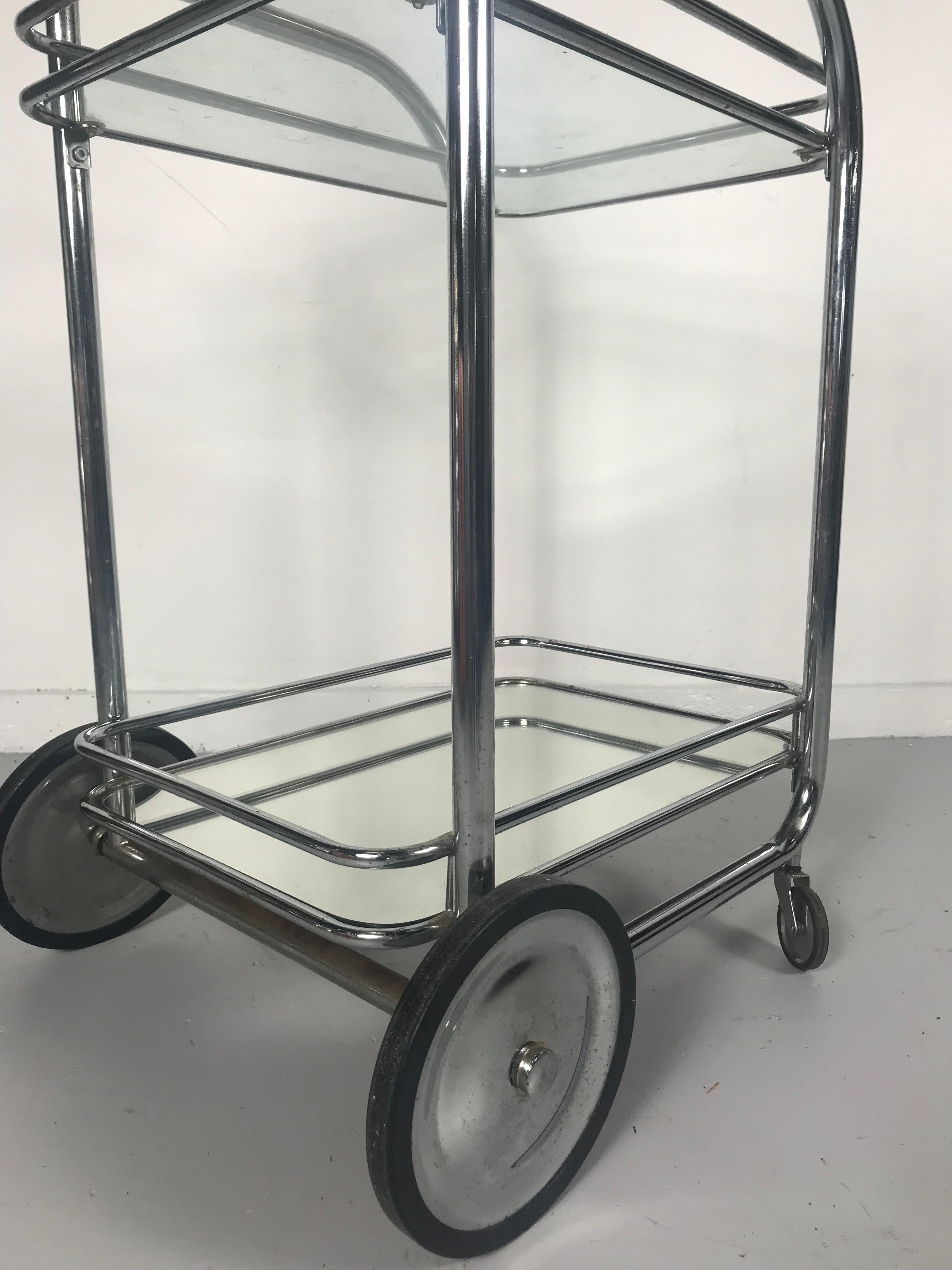Art Deco Streamline Tubular Chrome and Glass Rolling Bar Cart or Trolley 1