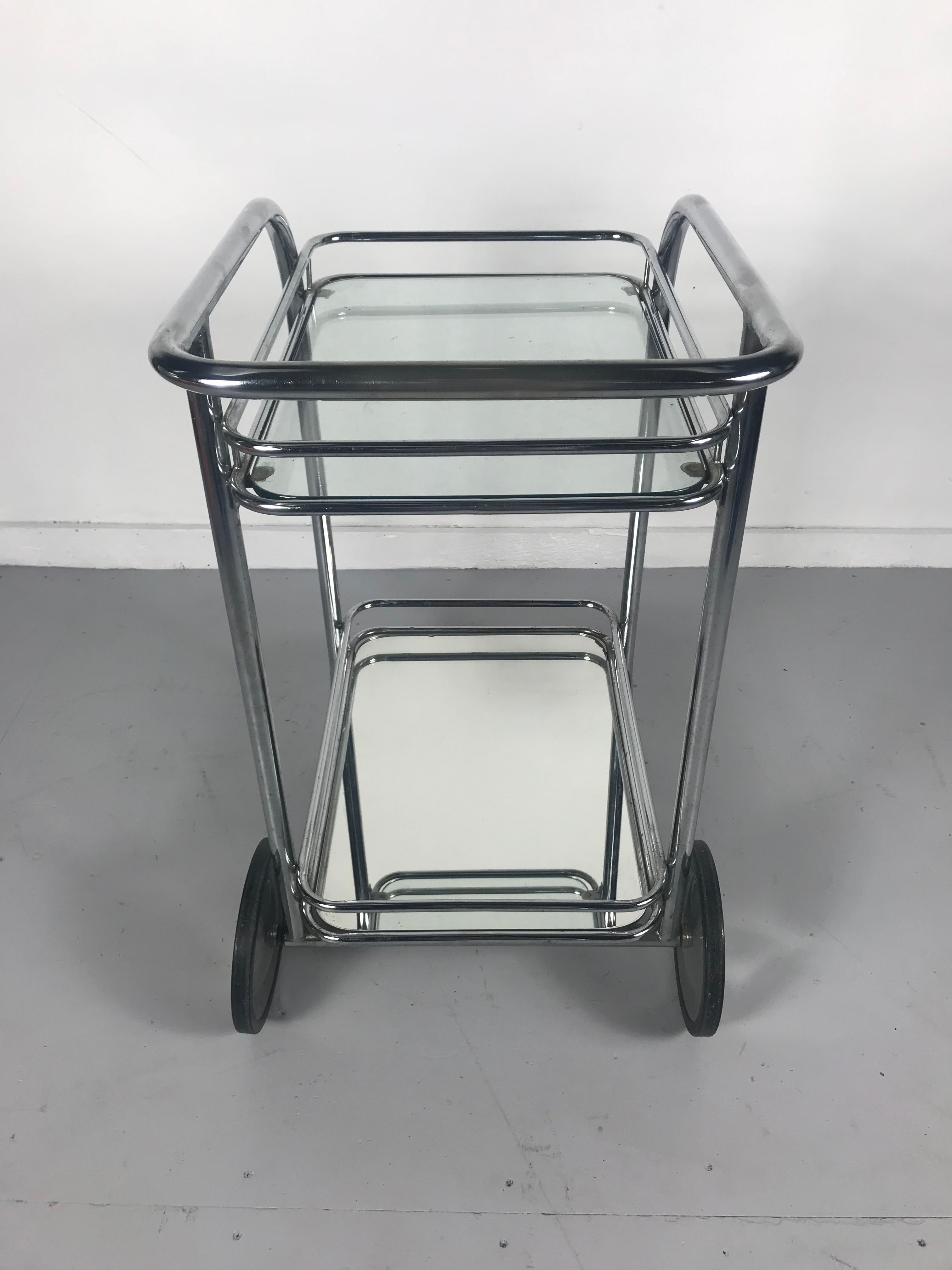 Art Deco Streamline Tubular Chrome and Glass Rolling Bar Cart or Trolley 2