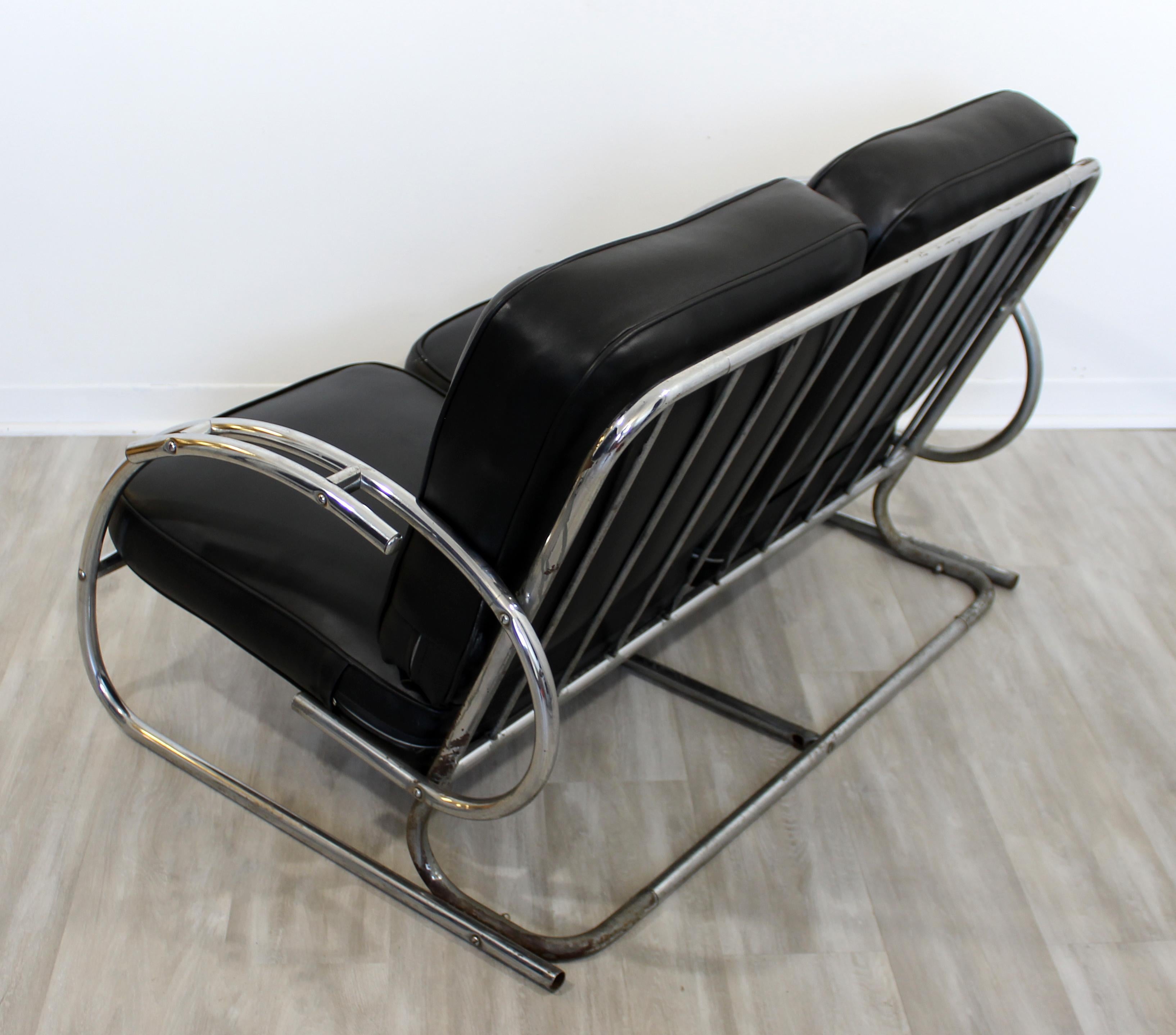 Art Deco Streamline Tubular Chrome Black Vinyl Settee Sofa Loveseat, 1970s 6