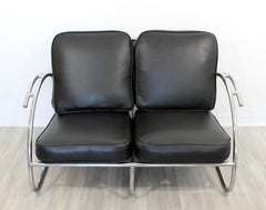 Art Deco Streamline Tubular Chrome Black Vinyl Settee Sofa Loveseat, 1970s