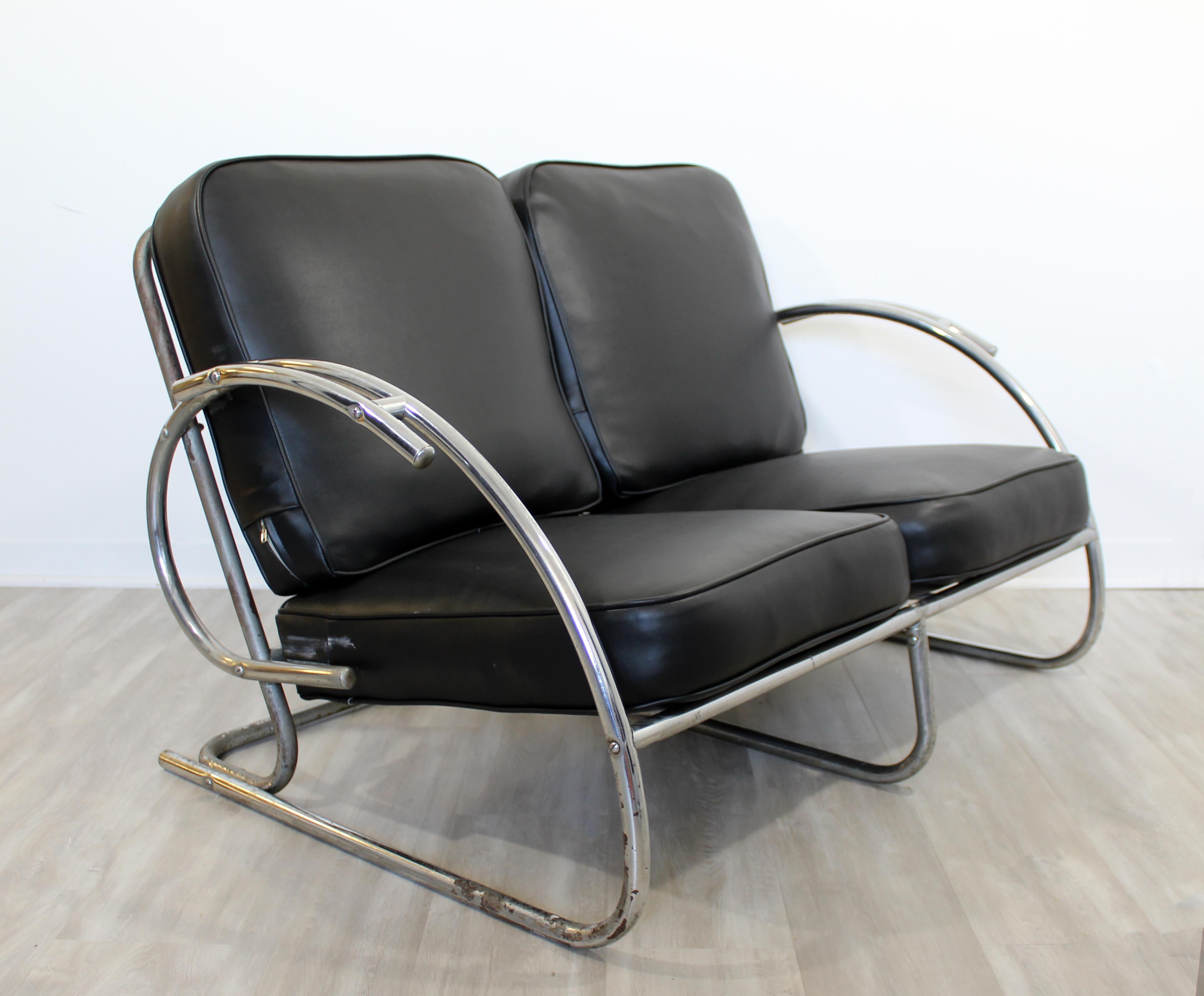 Art Deco Streamline Tubular Chrome Black Vinyl Settee Sofa Loveseat, 1970s In Good Condition In Keego Harbor, MI