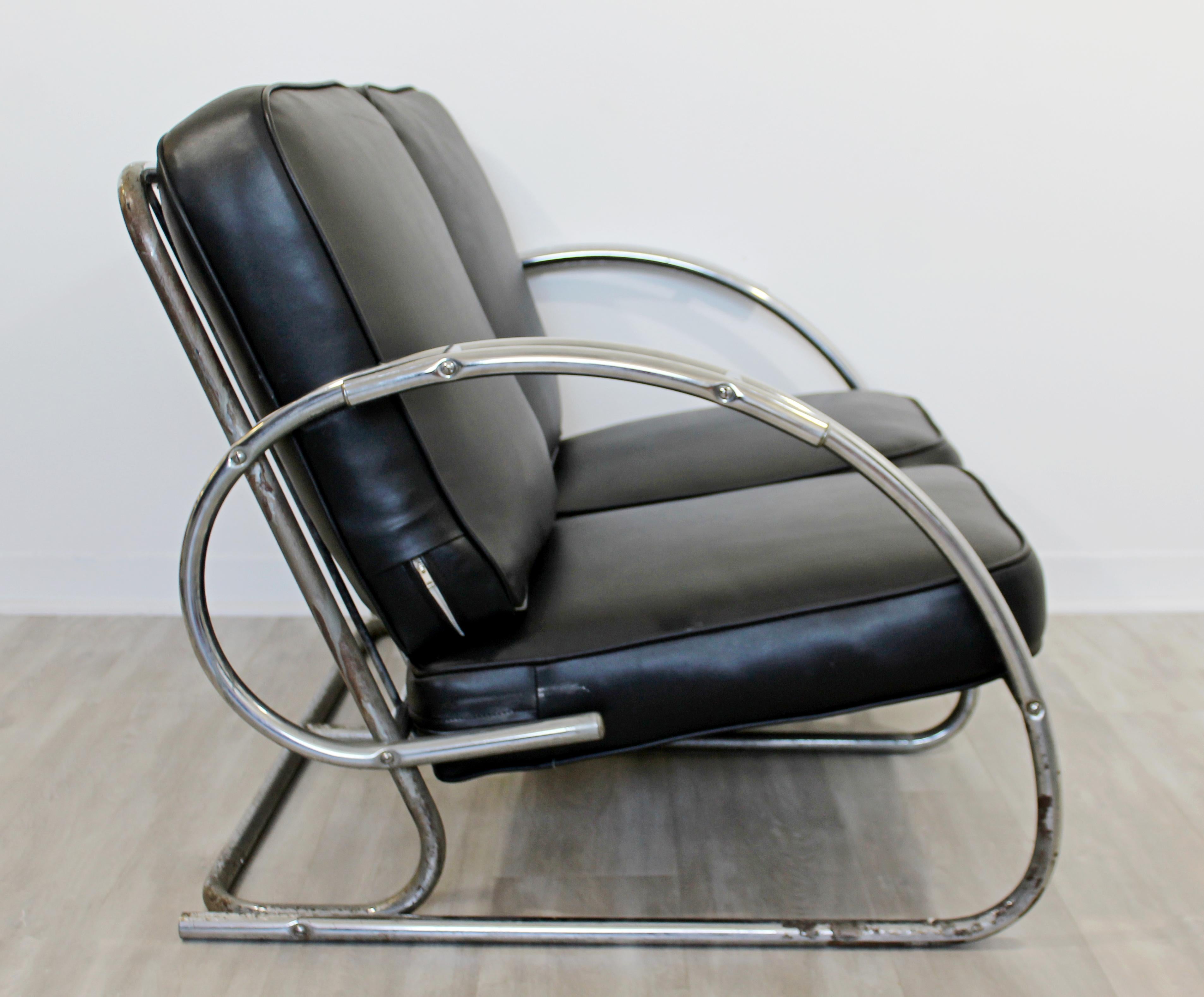 Mid-20th Century Art Deco Streamline Tubular Chrome Black Vinyl Settee Sofa Loveseat, 1970s