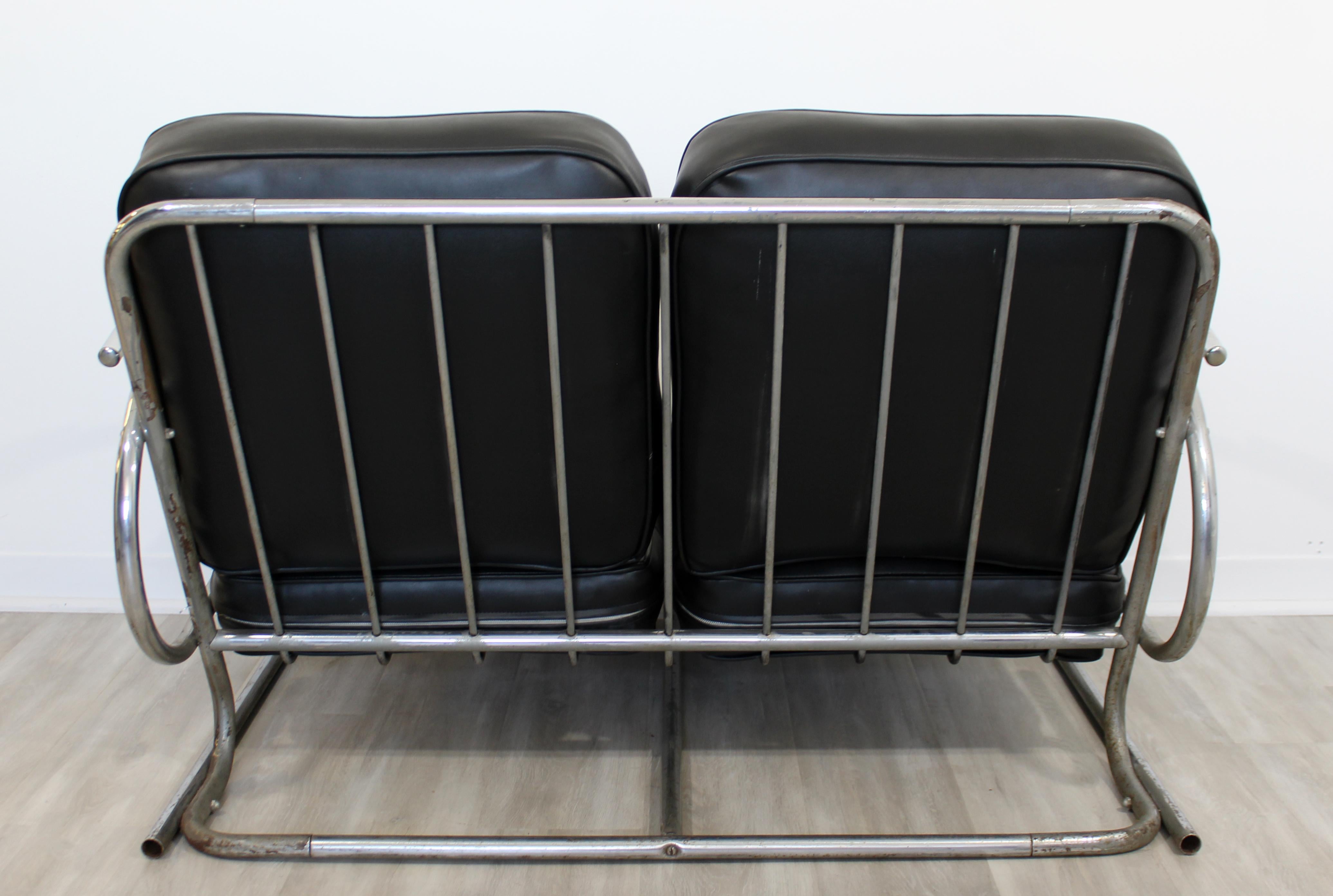 Art Deco Streamline Tubular Chrome Black Vinyl Settee Sofa Loveseat, 1970s 5