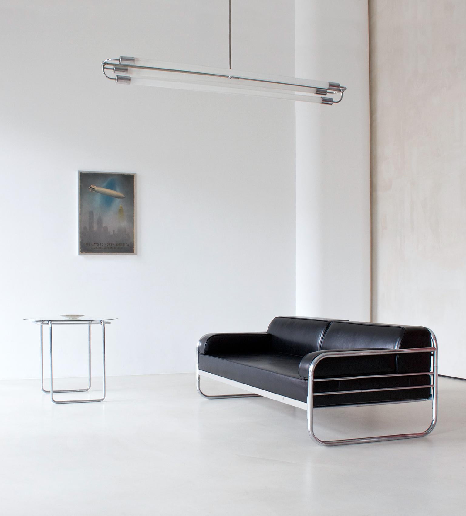 Plated Art Deco Streamline Tubular Steel, Couch/ Daybed, Leather Upholstery c. 1930 For Sale