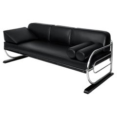 Art Deco Streamline Tubular Steel Couch/ Daybed, Leather Upholstery, circa 1930