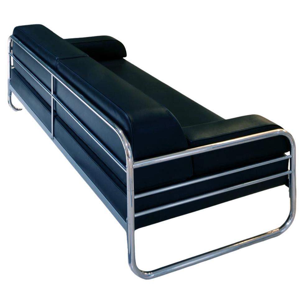 Art Deco Streamline Tubular Steel, Couch/ Daybed, Leather Upholstery c. 1930