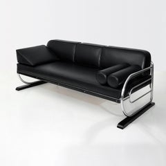 Art Deco Streamline Tubular Steel Couch/ Daybed, Leather Upholstery, circa 1930