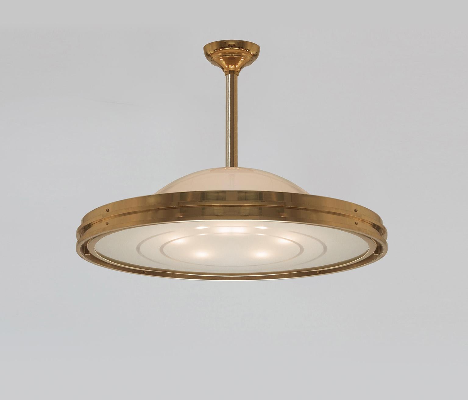 Streamlined Moderne Art Deco-Streamline UFO Pendant Light, Brass and Etched Opal Glass, Design, 1930 For Sale