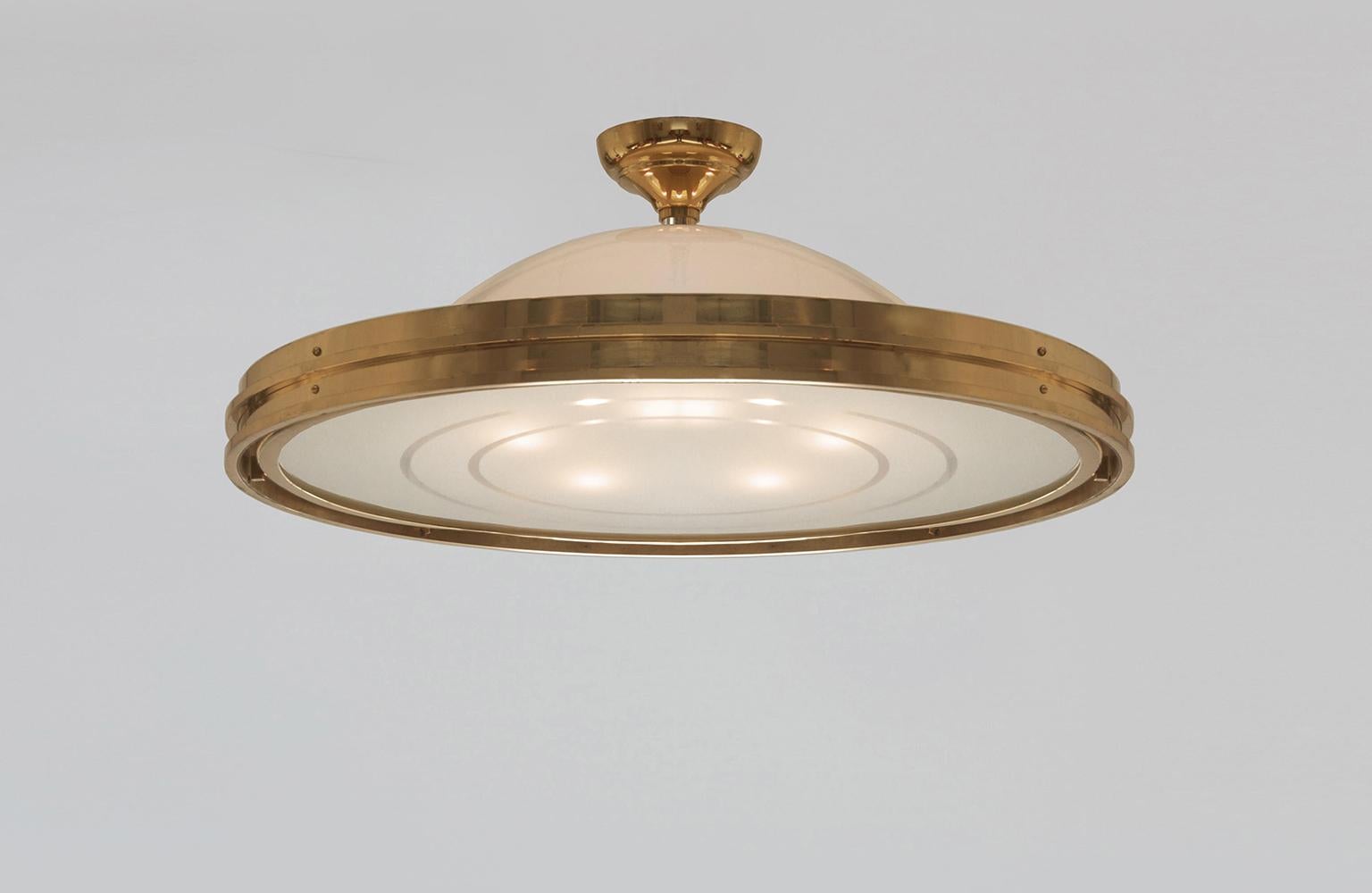 German Art Deco-Streamline UFO Pendant Light, Brass and Etched Opal Glass, Design, 1930 For Sale