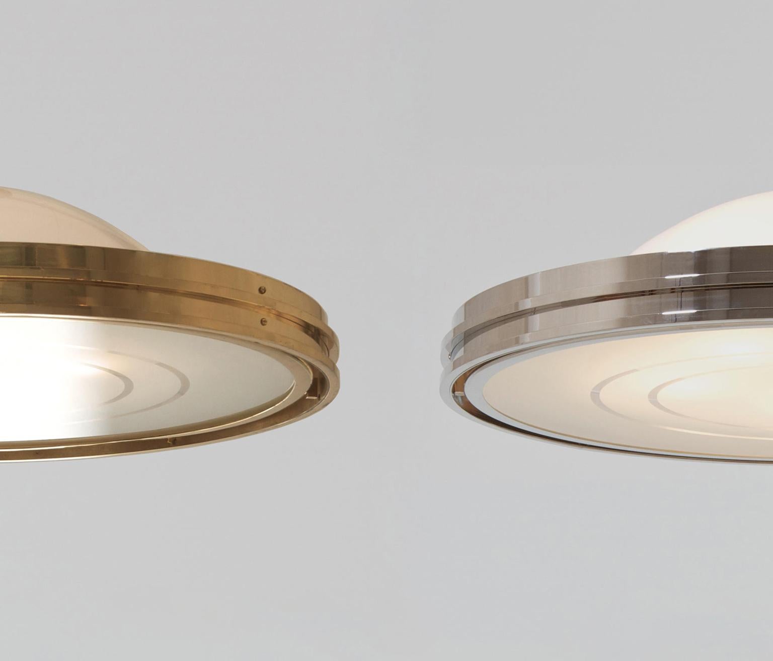 Plated Art Deco-Streamline UFO Pendant Light, Brass and Etched Opal Glass, Design, 1930 For Sale