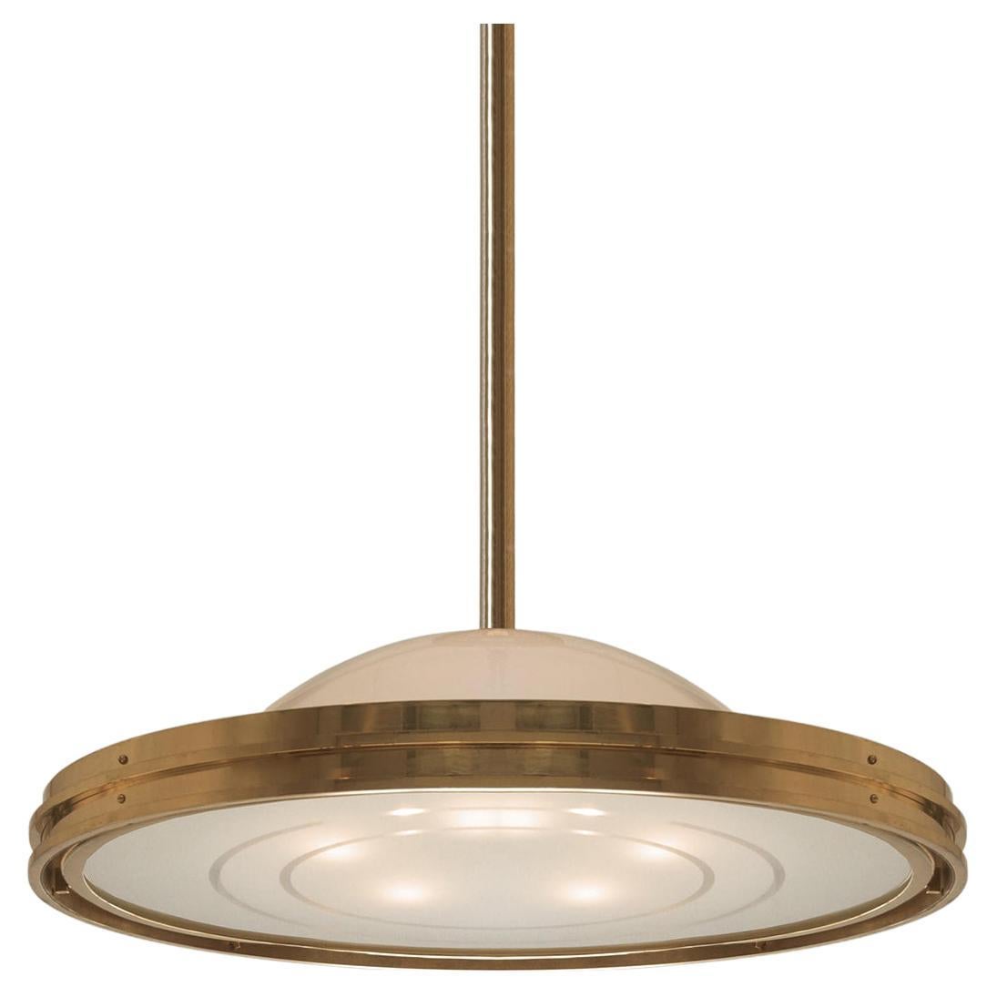 Art Deco-Streamline UFO Pendant Light, Brass and Etched Opal Glass, Design, 1930 For Sale