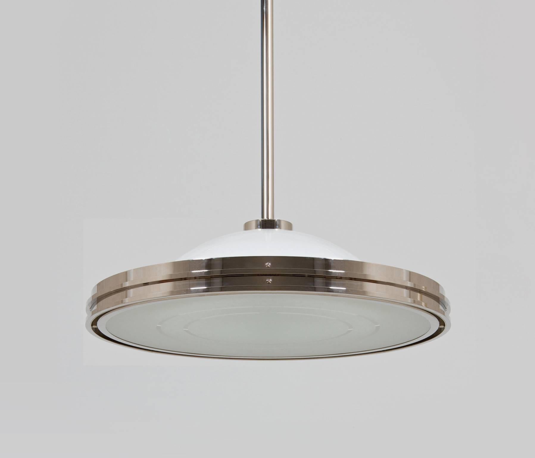 Modern Art Deco-Streamline UFO Pendant Light, Nickel Plated Brass, Etched Opal Glass For Sale