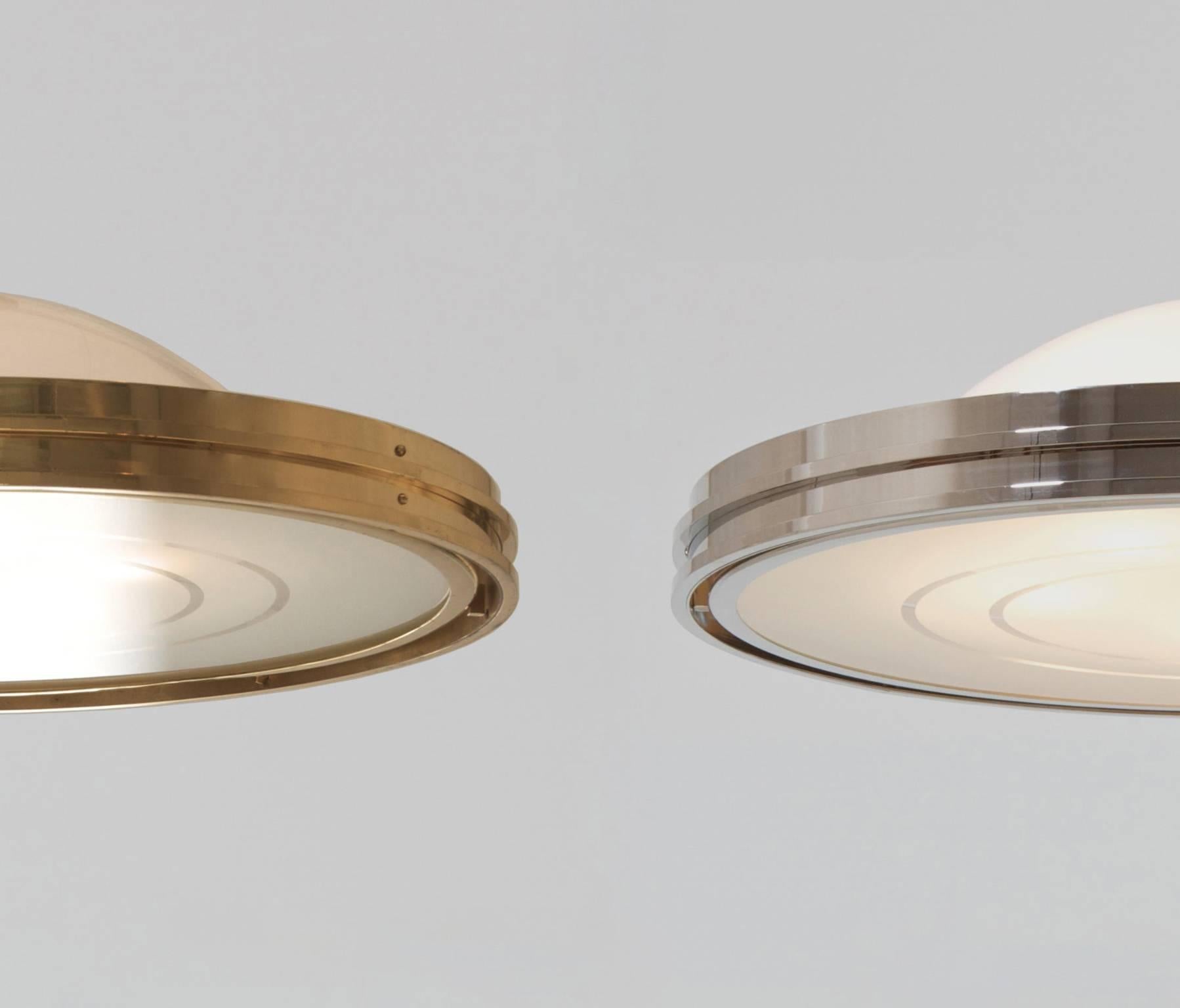 Metal Art Deco-Streamline UFO Pendant Light, Nickel Plated Brass, Etched Opal Glass For Sale