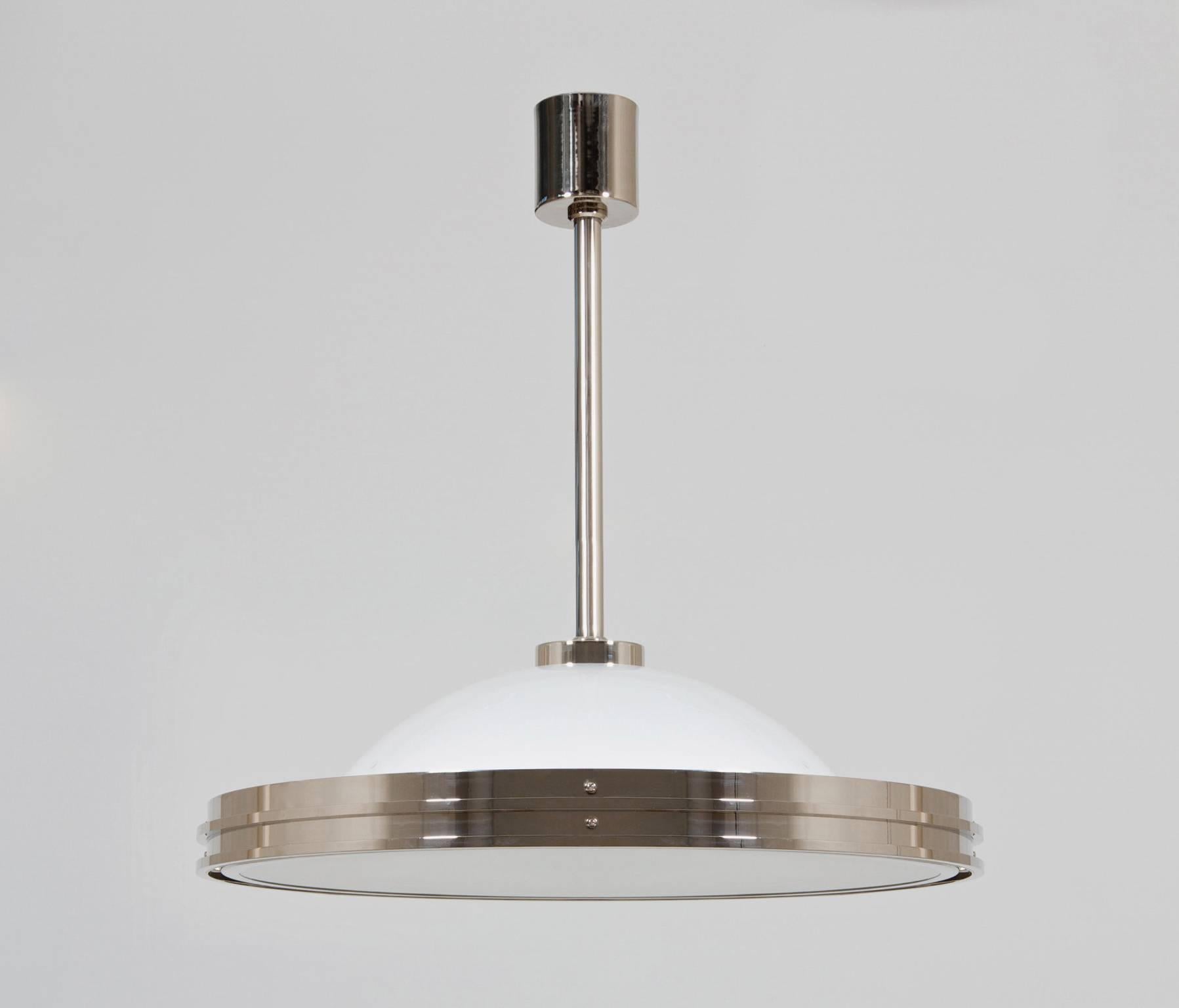 Art Deco-Streamline UFO Pendant Light, Nickel Plated Brass, Etched Opal Glass For Sale 1