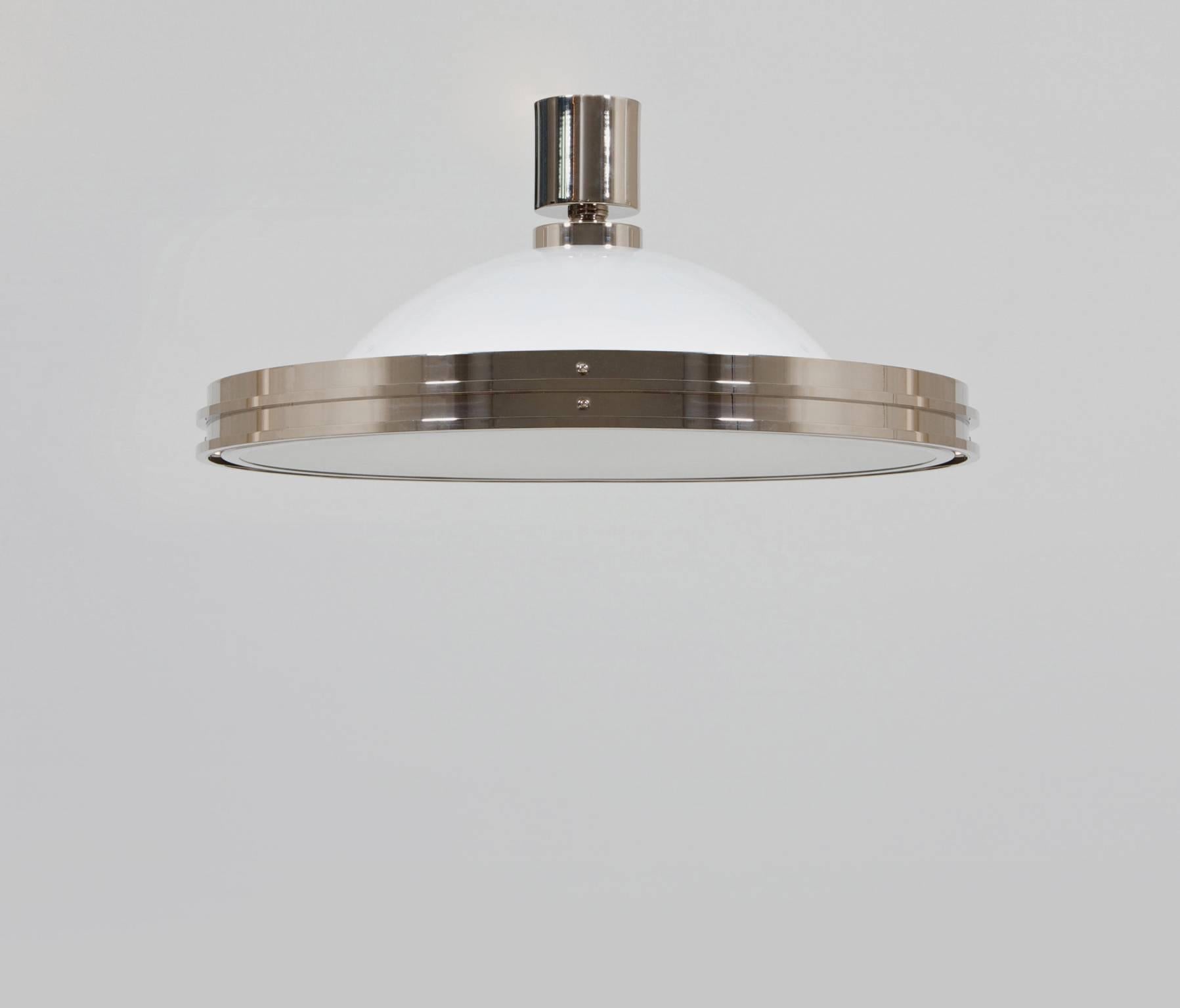 Art Deco-Streamline UFO Pendant Light, Nickel Plated Brass, Etched Opal Glass For Sale 2
