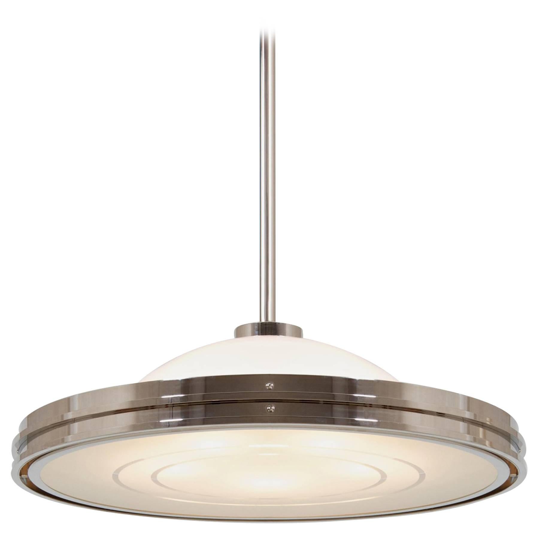 Art Deco-Streamline UFO Pendant Light, Nickel Plated Brass, Etched Opal Glass