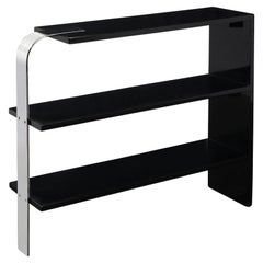 Art Deco Streamlined 3-Tier End Table/Bookcase in Black Lacquer w/ Curved Chrome