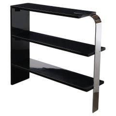 Art Deco Streamlined 3-Tier End Table/Bookcase in Black Lacquer w/ Curved Chrome