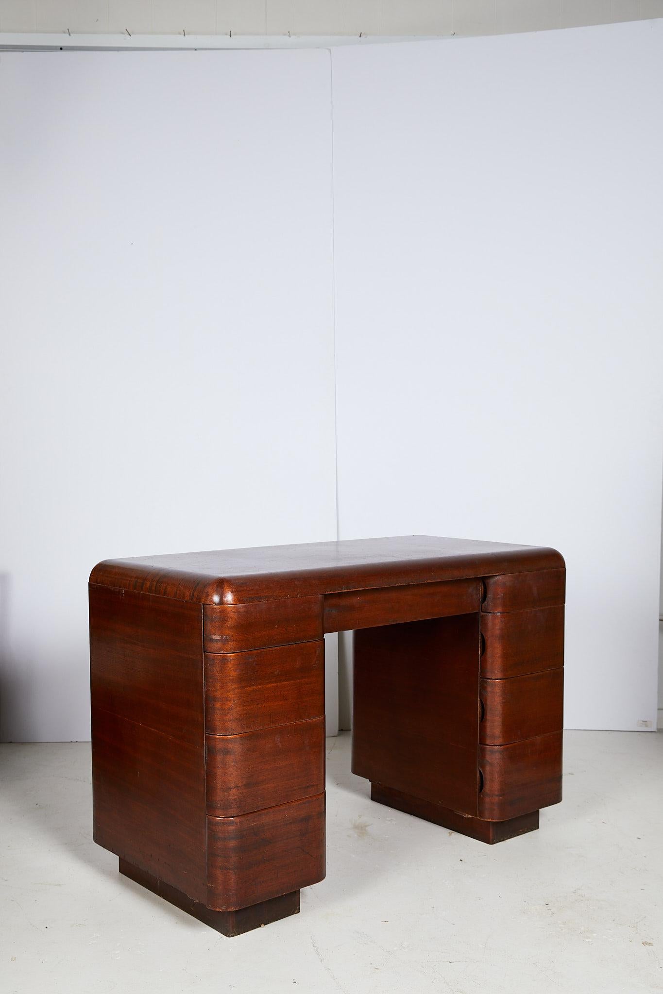 American Art Deco Streamlined Bentwood Pedestal Desk by Paul Goldman for Plymold Co.