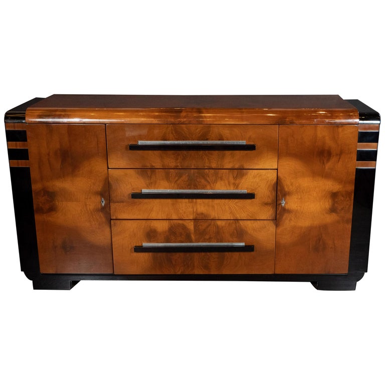 Art Deco Streamlined Black Lacquer and Burled Walnut Sideboard by Donald Deskey
