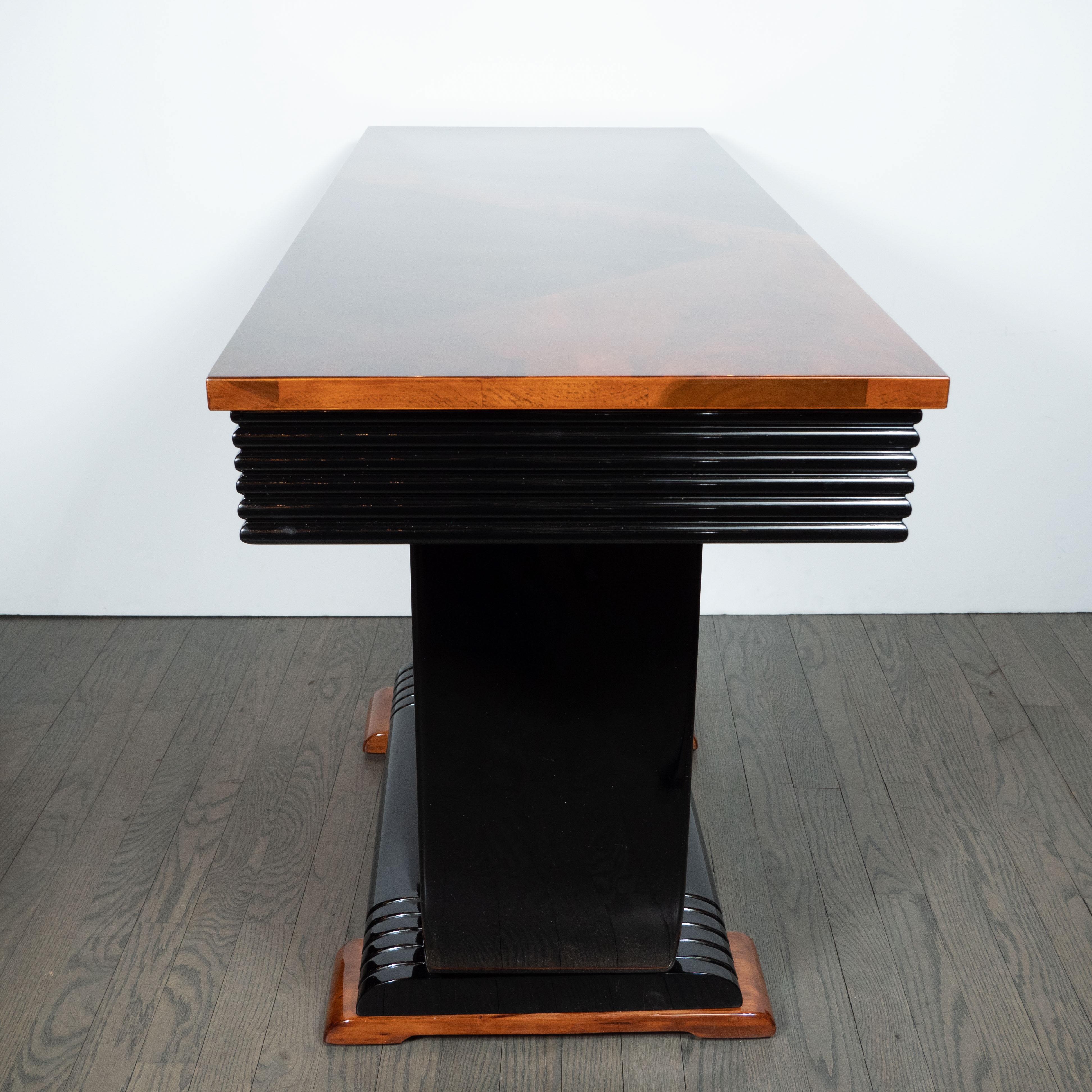 Art Deco Streamlined Black Lacquer, Bookmatched Walnut & Rosewood Console Table 3