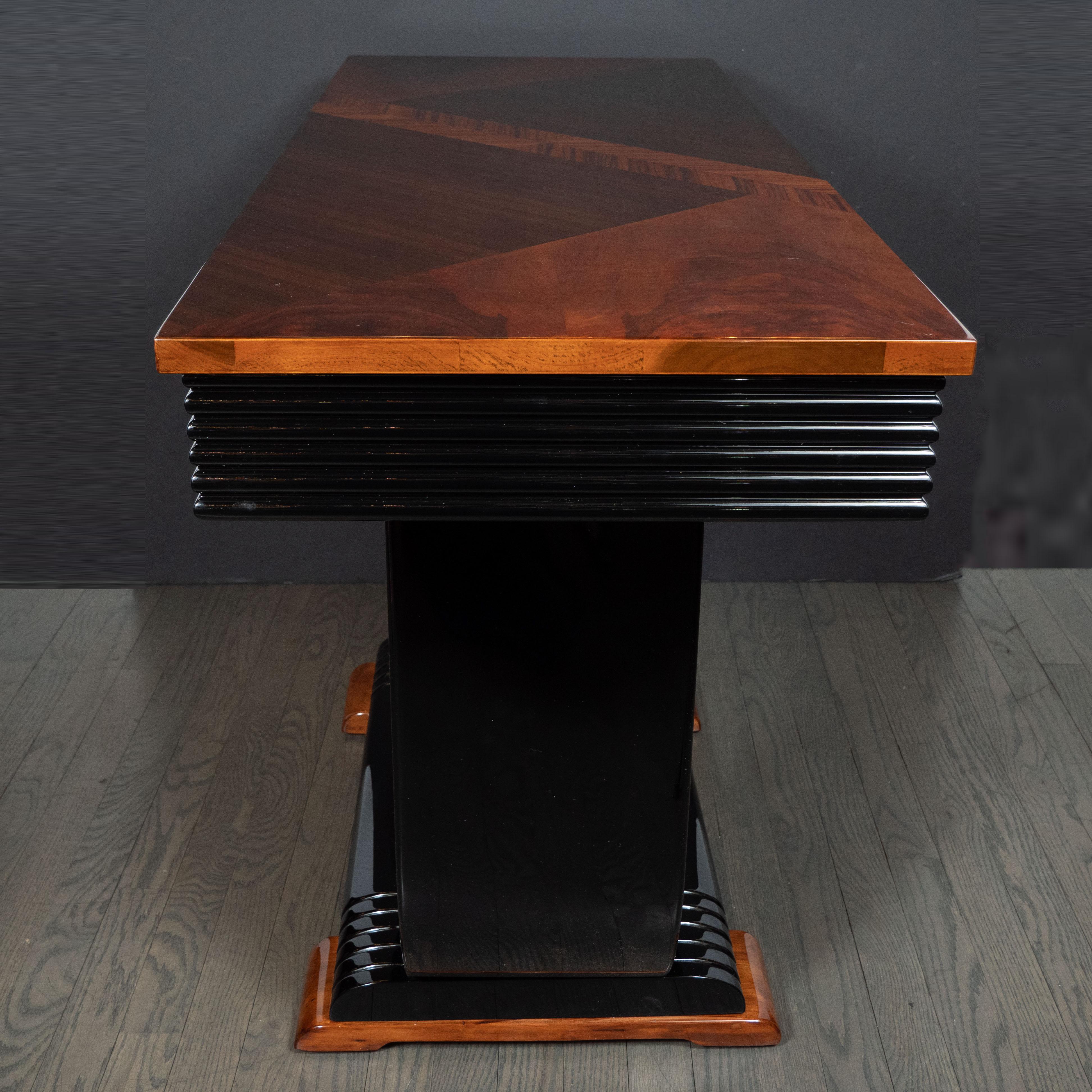 Art Deco Streamlined Black Lacquer, Bookmatched Walnut & Rosewood Console Table 4