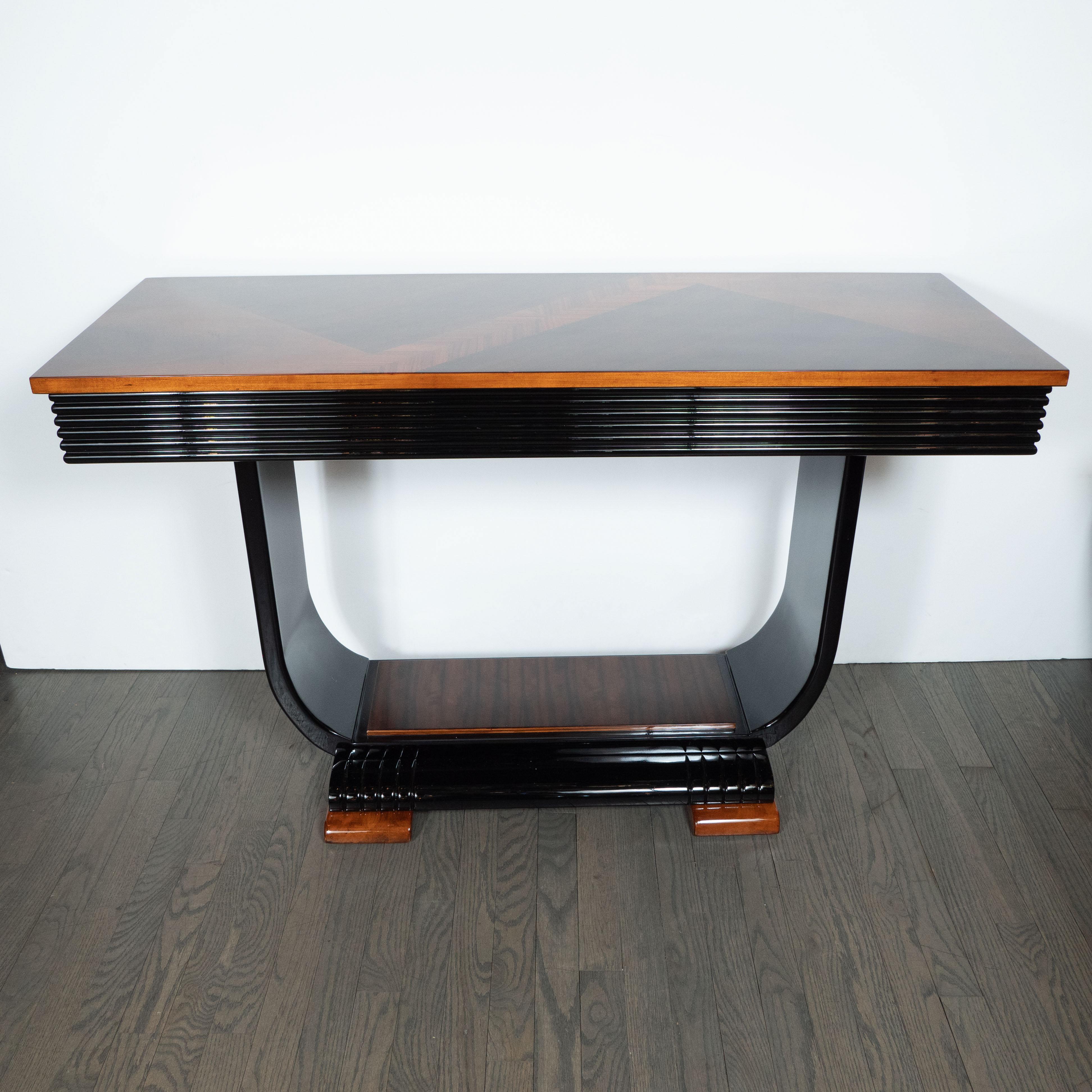 Art Deco Streamlined Black Lacquer, Bookmatched Walnut & Rosewood Console Table (amerikanisch)