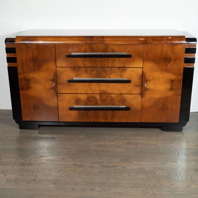 American Art Deco Streamlined Black Lacquer and Burled Walnut Sideboard by Donald Deskey