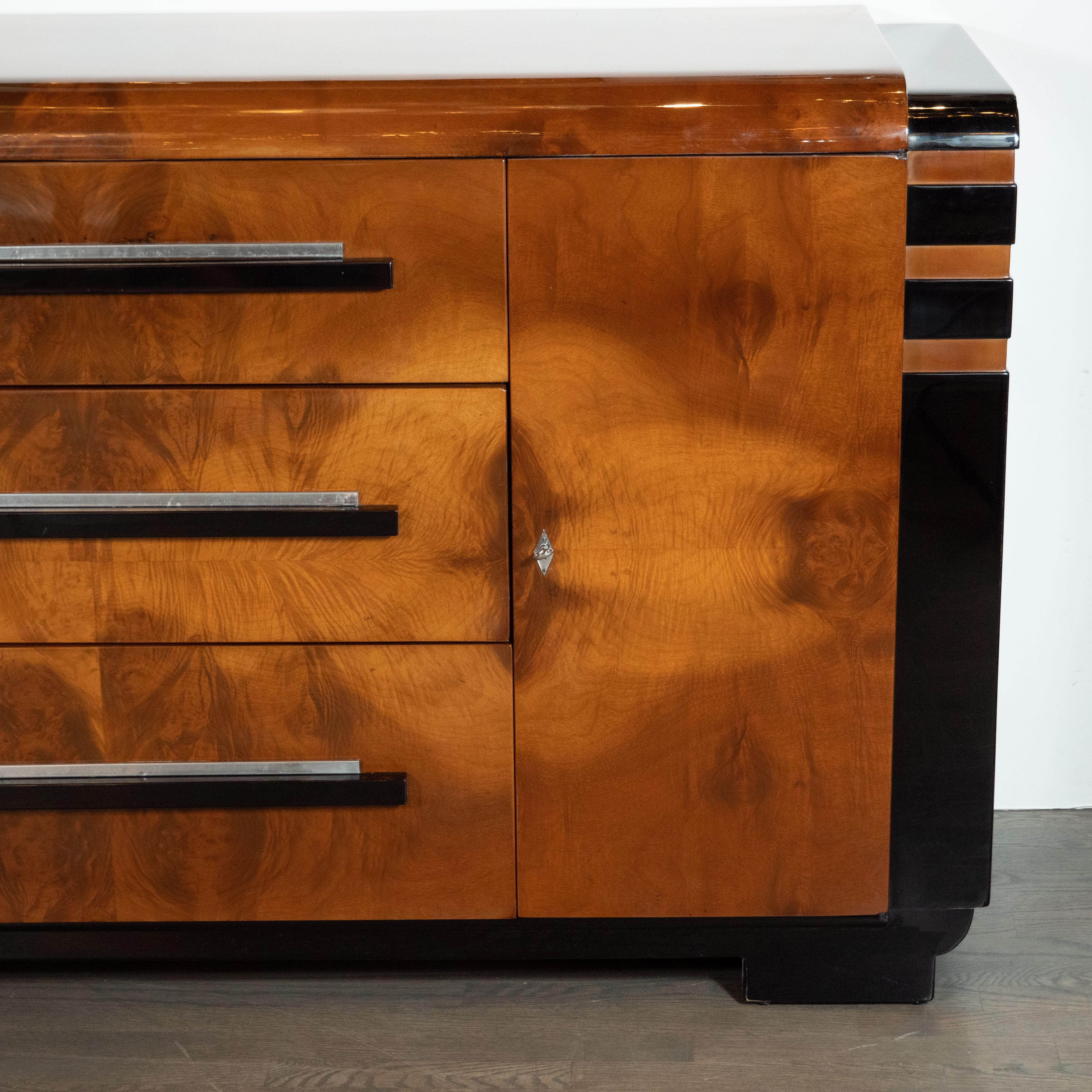 American Art Deco Streamlined Black Lacquer and Burled Walnut Sideboard by Donald Deskey